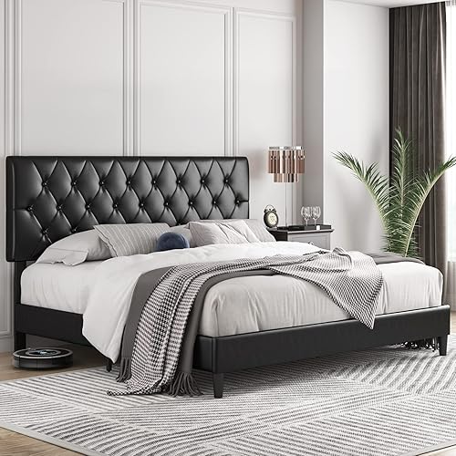 Miniatura 3 de Base de cama de plataforma tamaño Queen con cabecera capitonada ajustable con botones cama tapizada de piel sintética con soporte de listones de