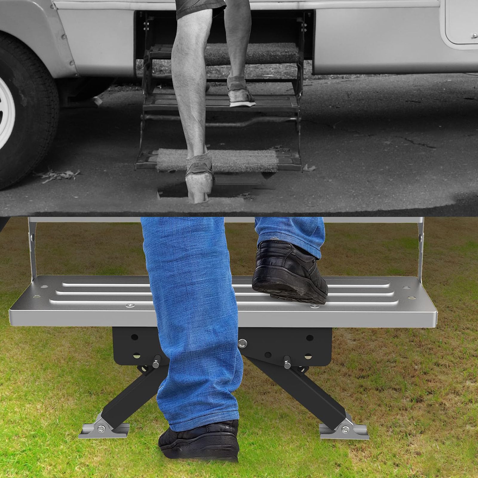 Verstellbare Trittstufenstütze aus Edelstahl, Zusammenklappbarer Trittstabilisator für Wohnwagen mit 5. Rad und Rutschfestem Gummipolster. Robustes Design