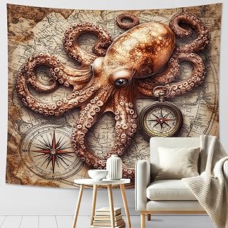 Tapiz de pared con mapa de pulpo, color marrón náutico decorativo para colgar en la habitación, arte marino estético para dormitorio, sala de estar, dormitorio, 40 x 60 pulgadas
