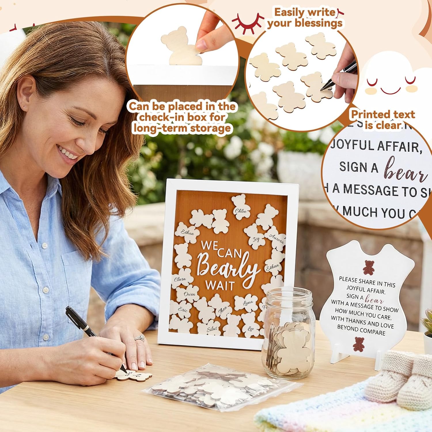 Youyole 53 Pcs Baby Shower Guest Book Alternatives Decorations We Can Bearly Wait He or She Gender Reveal Decorations Sign in Guest Book with Picture Frame 50 Wooden Bear Shape Clips