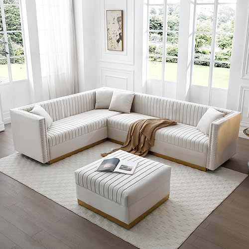 kevinplus 100.8'' Sectional Sofa Couch L-Shape with Convertible Ottoman for Living Room, Modern 6-Seat Upholstered Corner Sofa Couch, Nailhead and Gold Stainless Decoration & Pillows, Beige