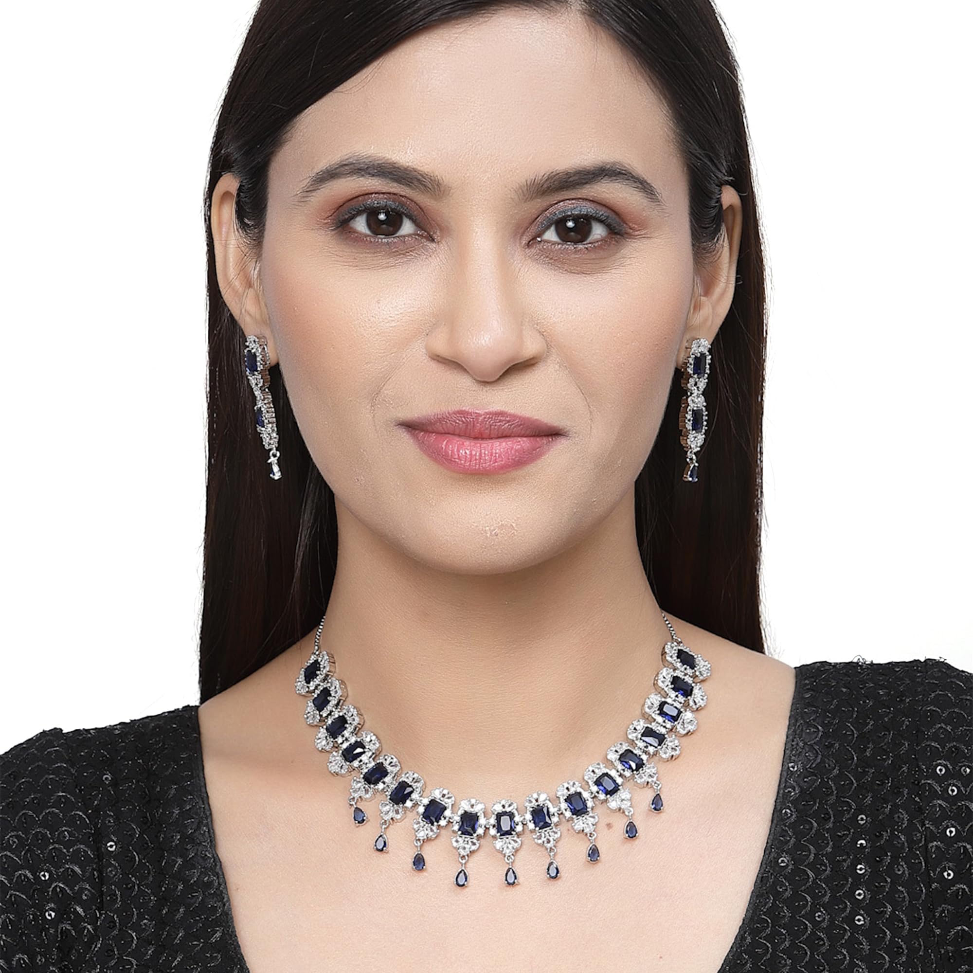American Diamond Stone Studded Necklace Set (Navy Blue)