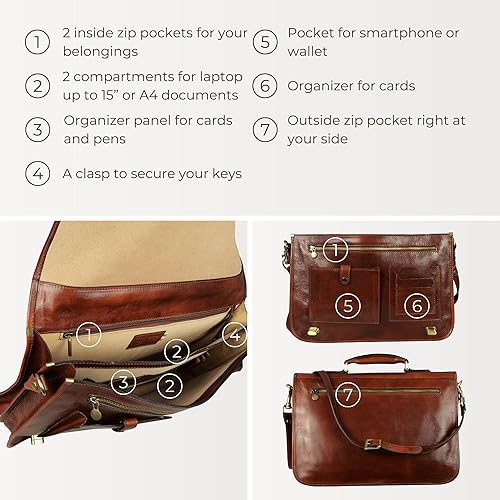 Miniatura 5 de Time Resistance Maletín de cuero para hombre  Bolsa italiana de cuero de grano completo para laptop  Bolsa de mensajero  Caja de regalo incluida