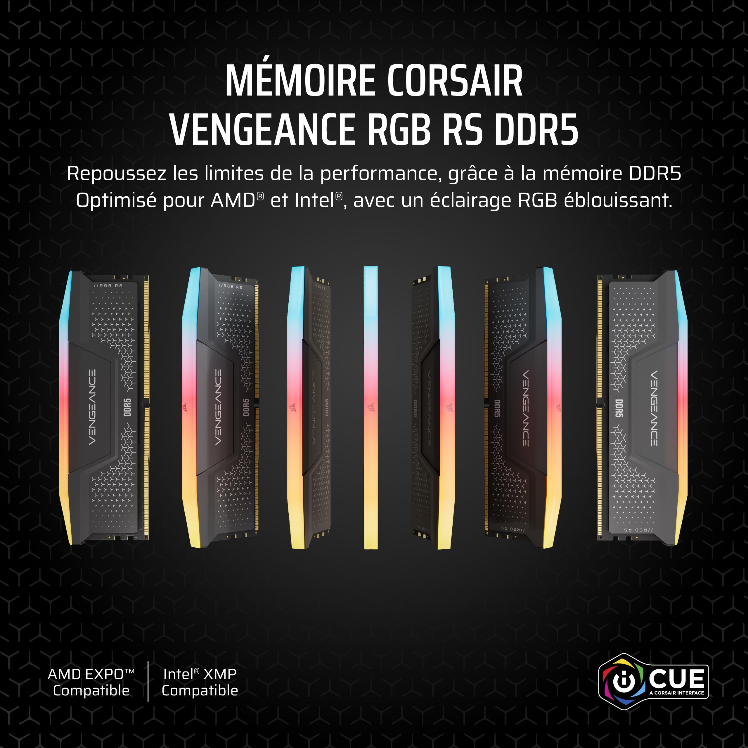 CORSAIR Vengeance RGB RS DDR5 32Go (2x16Go) Jusqu'à 6000MHz AMD Intel RAM | Mémoire pour Ordinateur de Bureau, Compatible AMD EXPO et Intel XMP 3.0, CL36, Gris, (CMG32GX5M2E6000Z36)