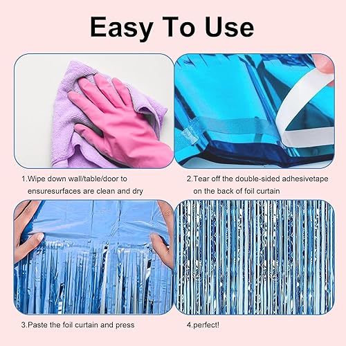 Miniatura 6 de Paquete de 2 cortinas de oropel azul claro de 3.28 pies x 6.56 pies para fiesta, telón de fondo metálico con flecos para Halloween, Navidad,