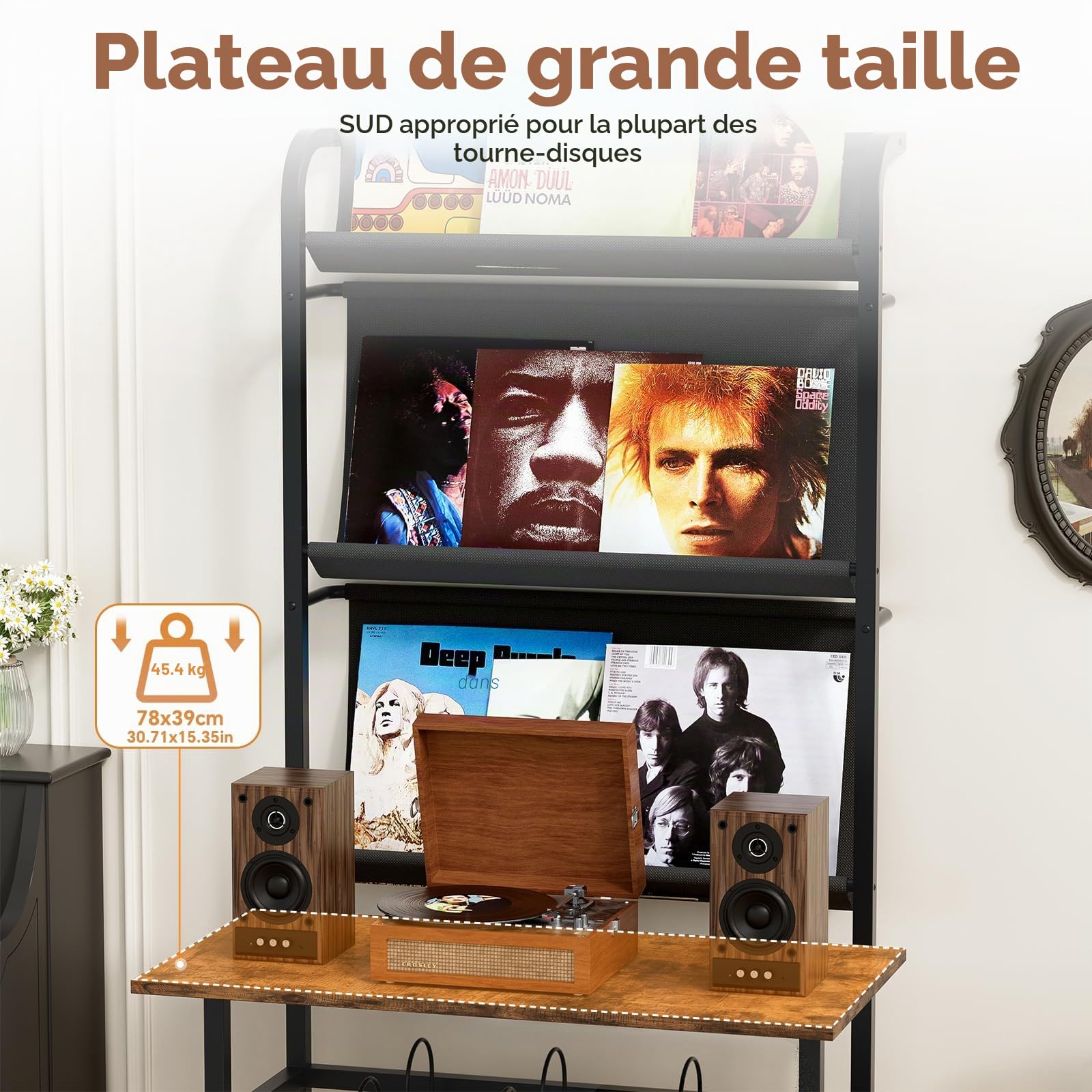 6 étages Platine Support Vinyle Rangement,Présentoir pour Disques Vinyles avec 3 étages rangement de disques vinyles,Armoire Table de Tourne,Tourne Disque Vinyle Stockage pour Salon,Studio,78x169x38cm