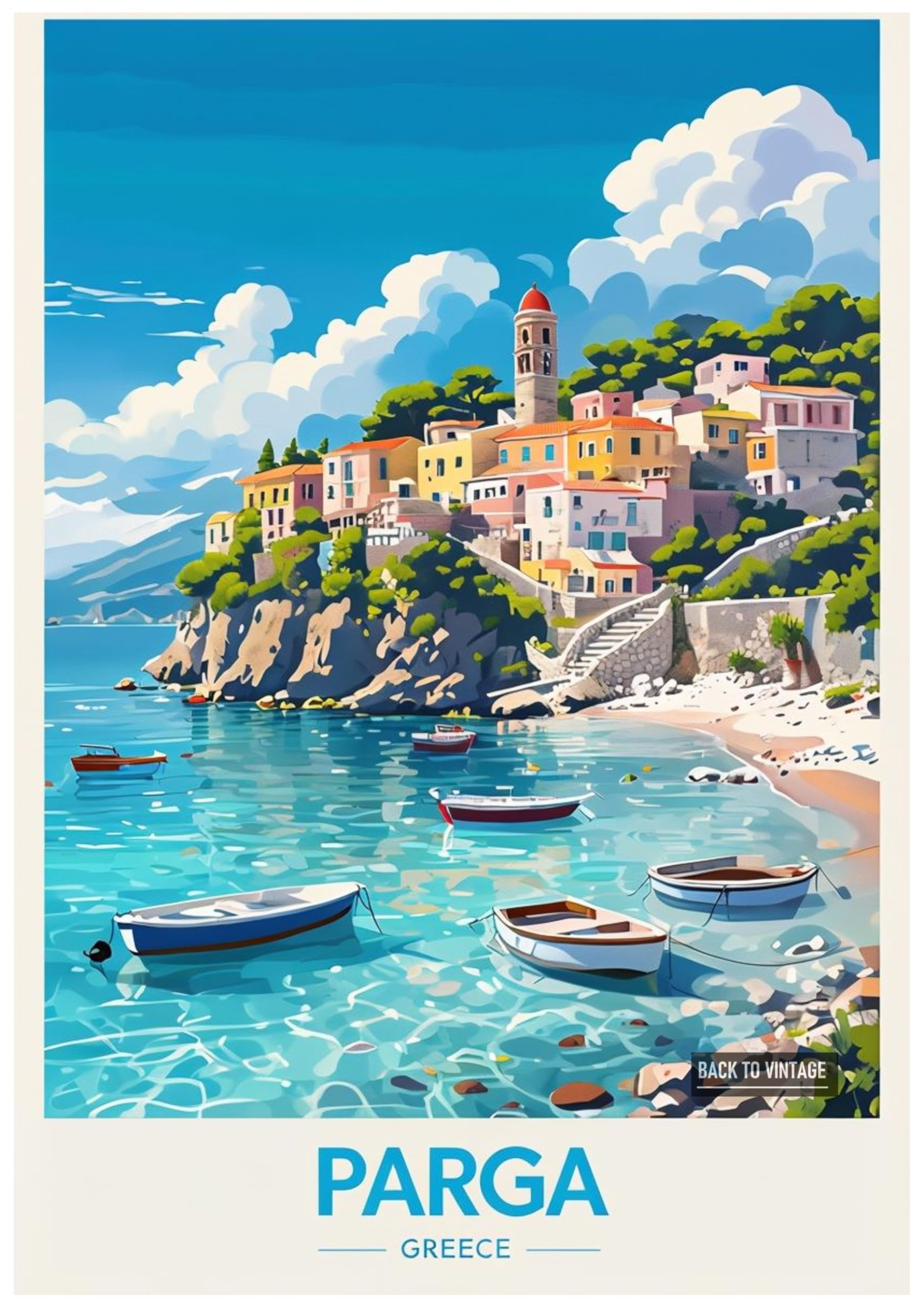 Back To Vintage Multicoloured Illustration Of Parga City Greece Showcasing A Vibrant Coastal Scene - Retro Europe Travel Poster A4 Size Vintage Wall Art Print Of Famous European Destinations Ideal For Home Or Office Decor