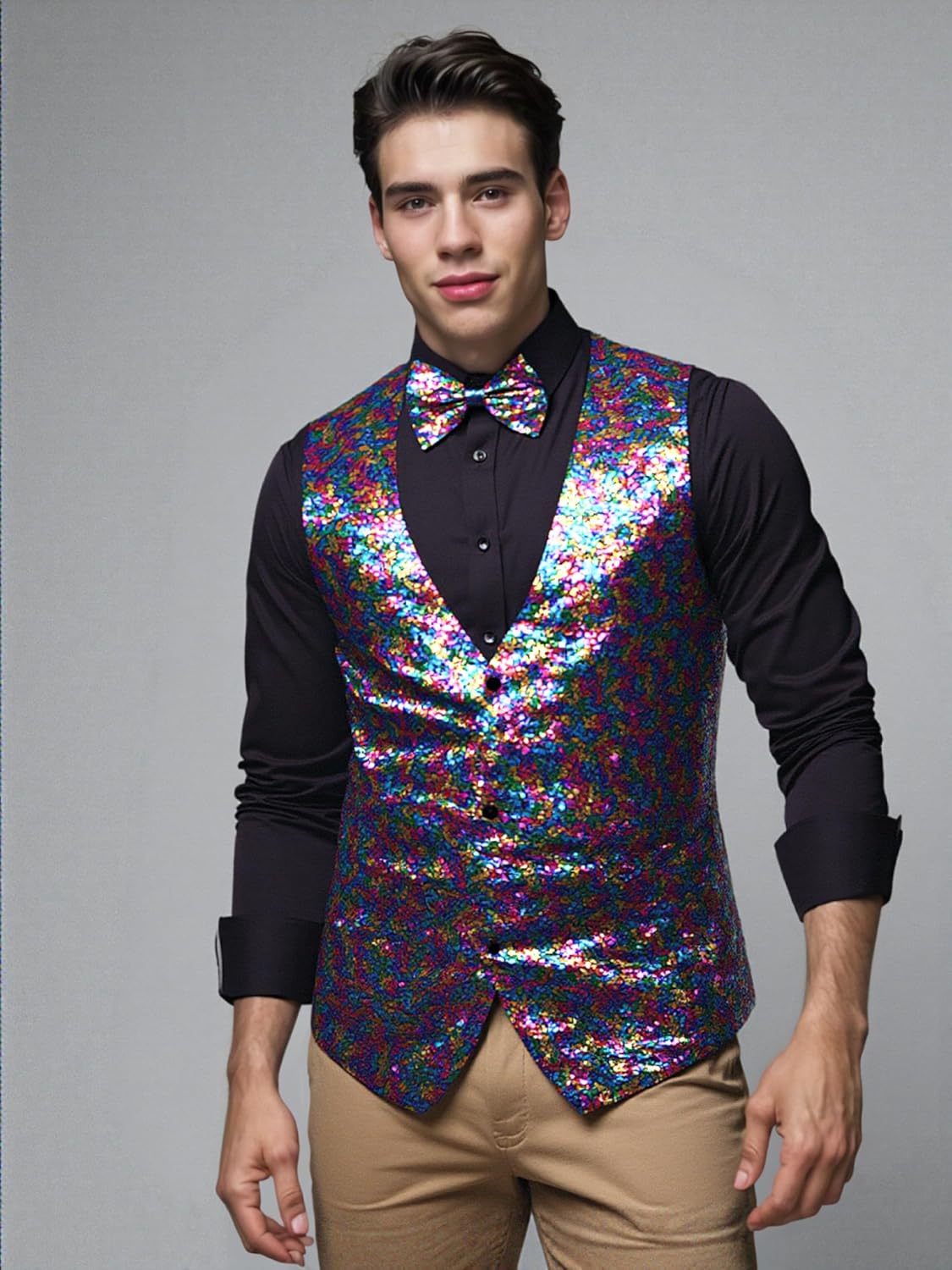 Men's Shiny Sequins V-Neck Dress Vest with Bowtie & Brooch - Formal & Semi - Formal Prom Party Tuxedo - Image 2