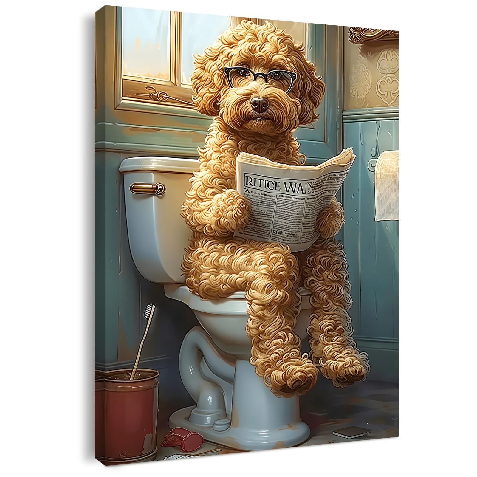Qiukoo Funny Dog Toilet Wall Art, Humorous Bathroom Decor, Canvas Prints for Walls, Modern Toilet Sign Artwork, Cute Wall Decoration, Quirky Bathroom Picture for Home 16 x 20 inch