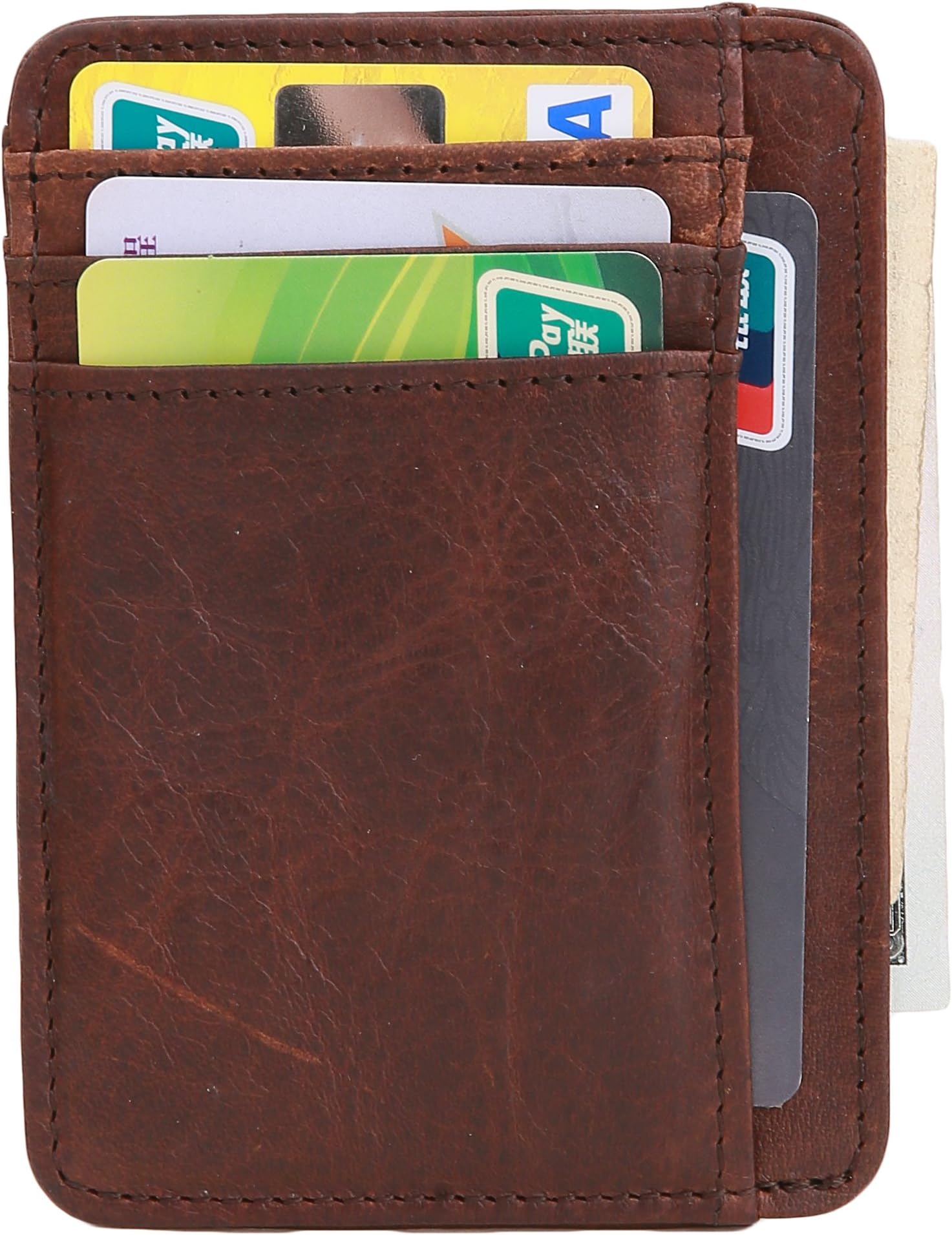 Hopsooken Slim Wallet RFID Minimalist Wallet Front Pocket Wallet Genuine Leather (Coffee with ID Windown (Crazy Horse Leather))