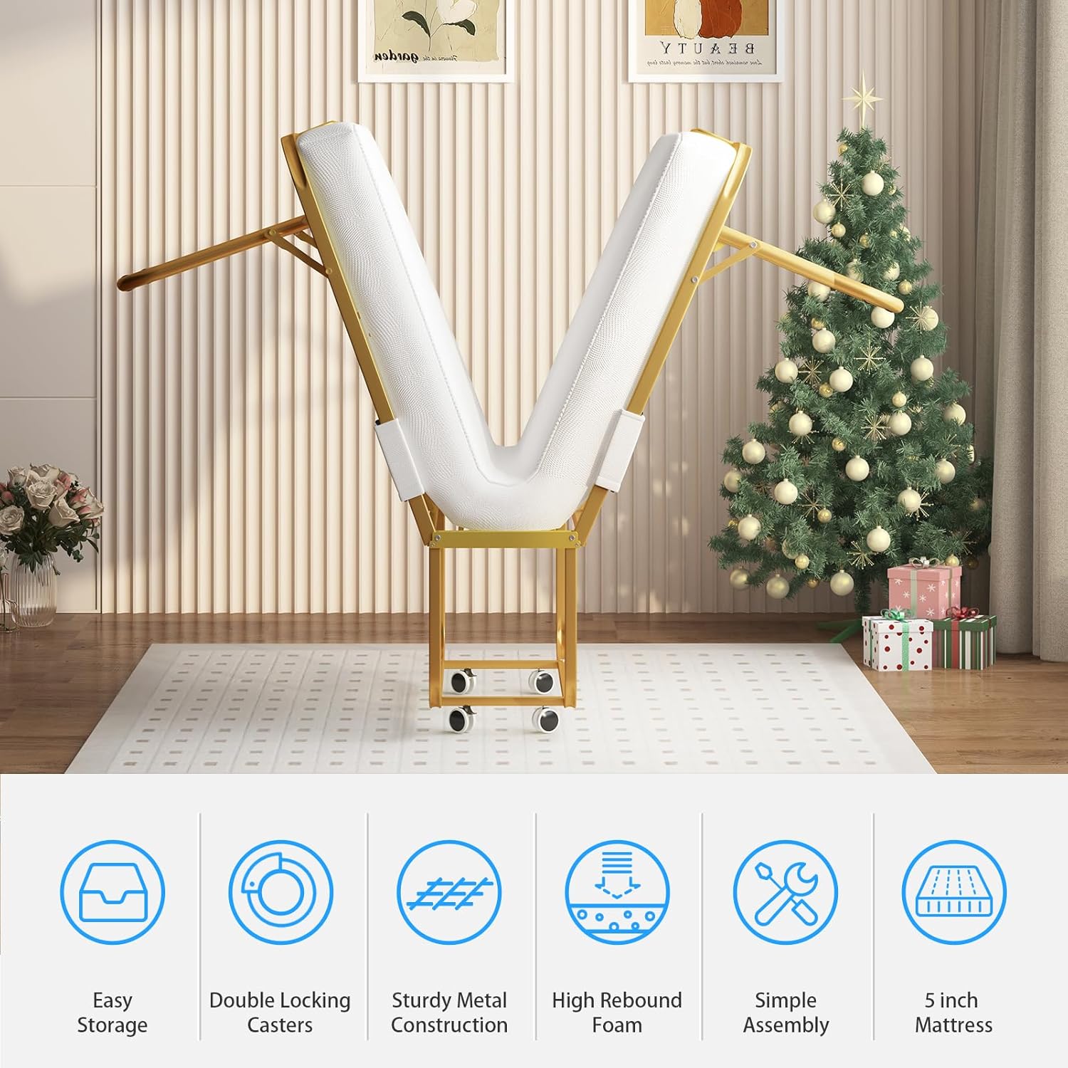 PUREMIND Folding Bed with 4 Inches Mattress for Adults, 75” x 31” Single Foldable Rollaway Bed, Portable Fold up Beds, Space Saving Guest Beds with Metal Frame and Wheels for Bedroom, Apartment