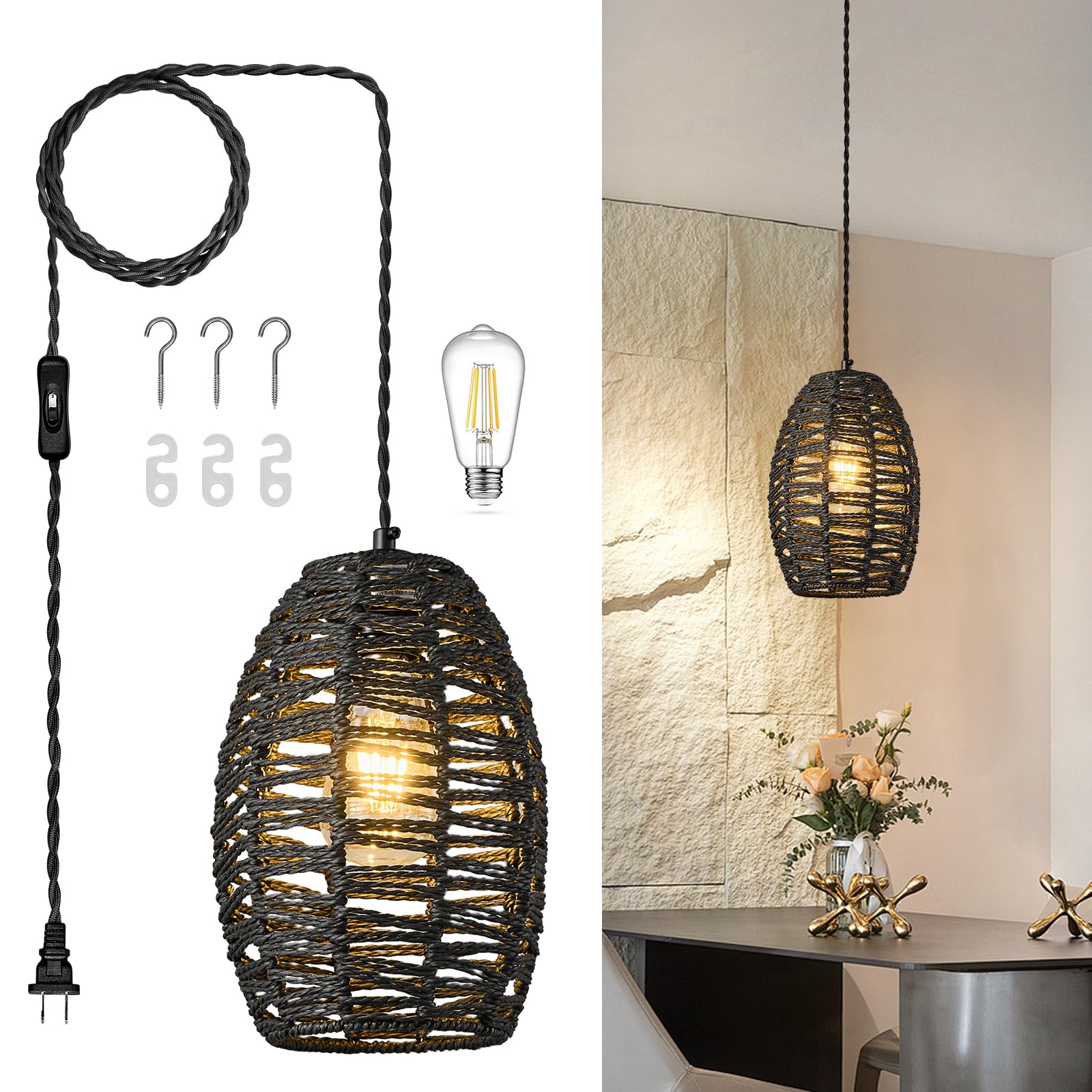 ZPBSJ Rattan Plug in Pendant Light Boho Chandelier Black Height Adjustable Pendant Lights E27 Pendant Lamp for Bedroom Living Room Farmhouse(1Pack)