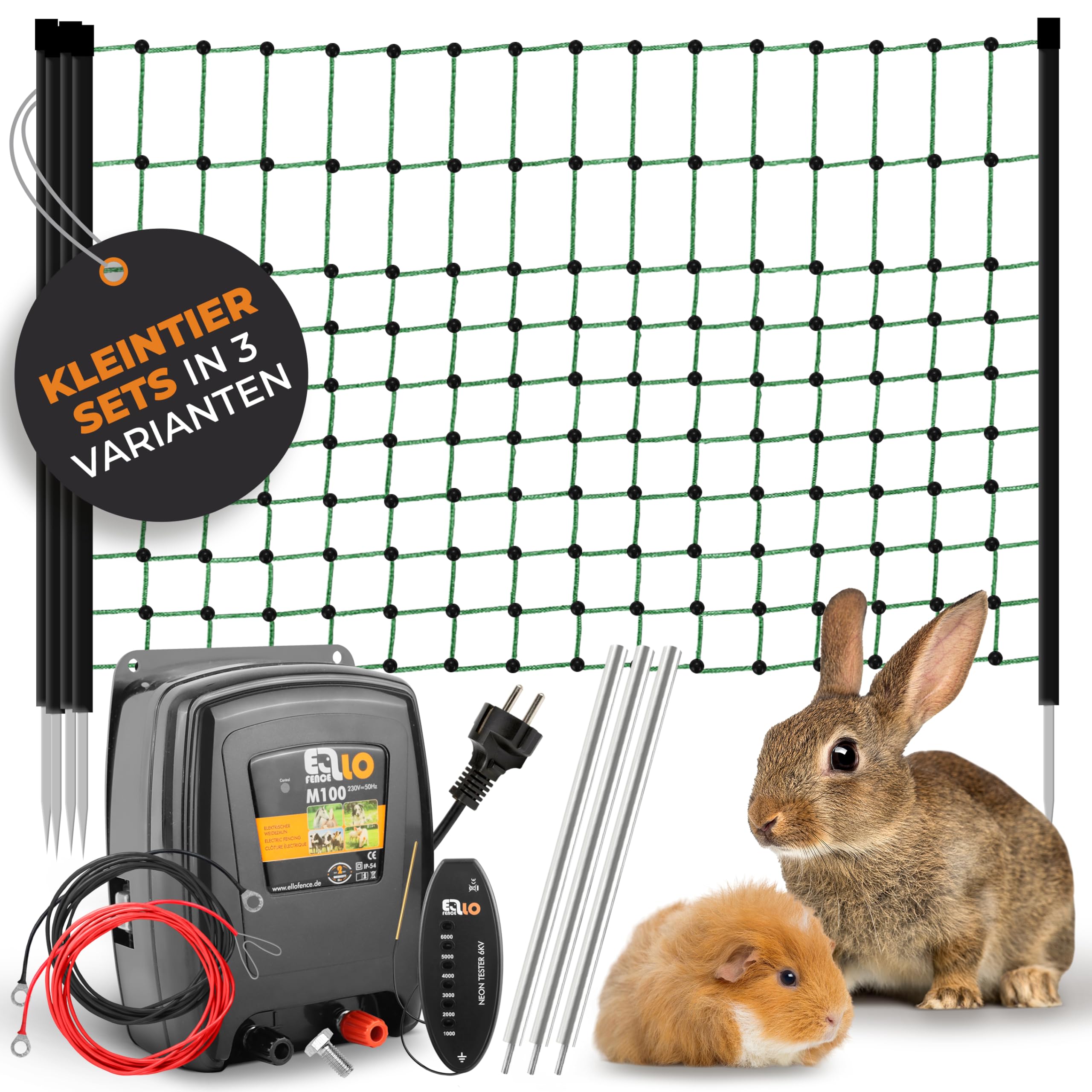 Weidezaun Kleintier Set - Robustes 230V Weidezaungerät, 25m elektrifizierbares Netz, Erdung & Zaunprüfer - Mobiles Komplettset für Hühner, Kaninchen &, Hunde