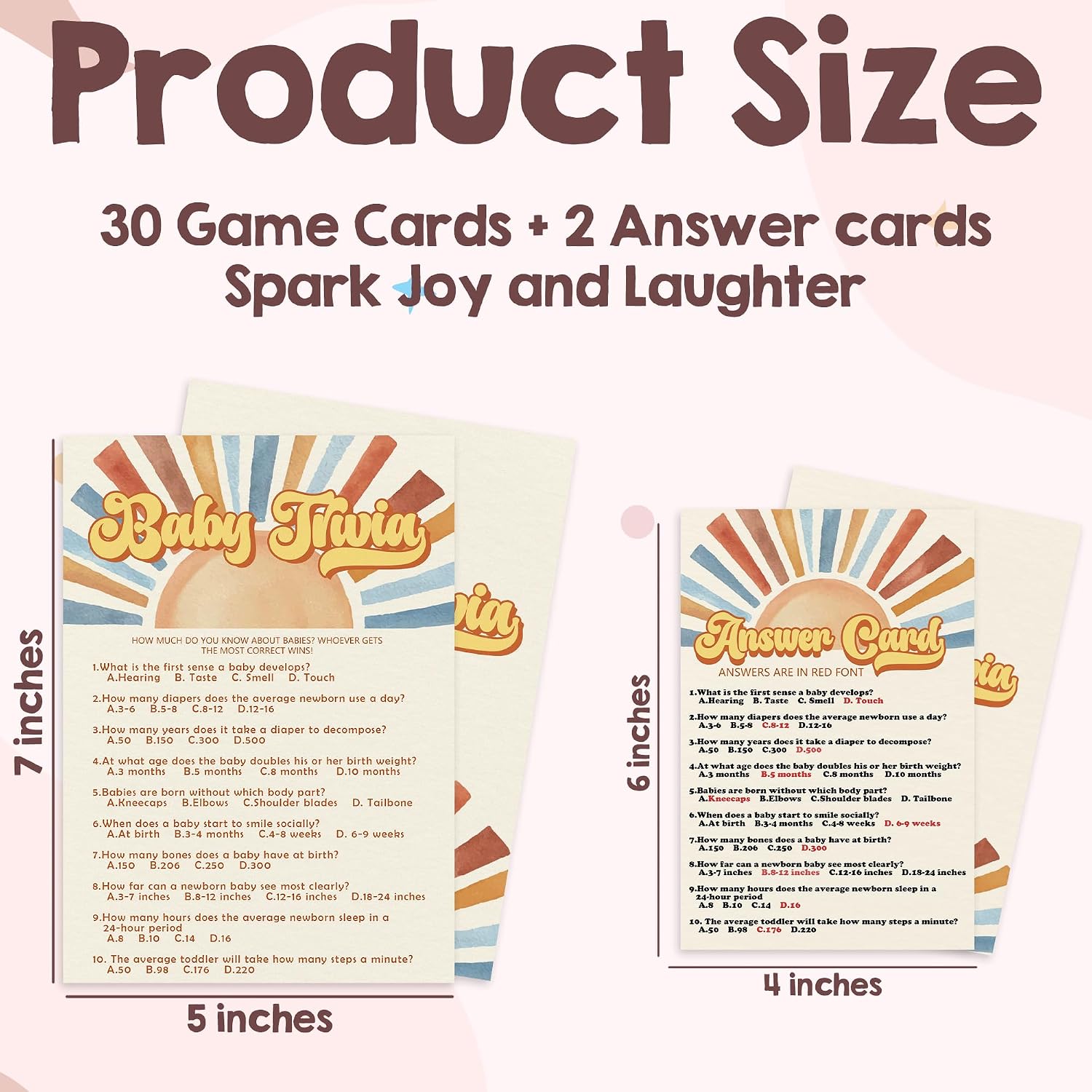 Retro Here Comes The Son - Baby Trivia Baby Shower Game Card - 30 Sunshine Theme Game Cards With 2 Answer Cards - Baby Shower Funny Activity - Gender Neutral Gender Reveal Supplies - A05 image 2