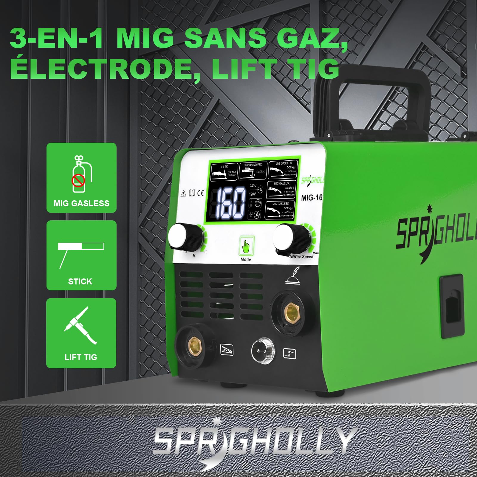 MIG160 Poste à Souder Inverter IGBT 160A 230V, 3 en 1 MIG Sans Gaz (FLUX MIG) / MMA/Lift TIG, Grand Écran LED, Léger et Portable - Idéal Débutants et DIY