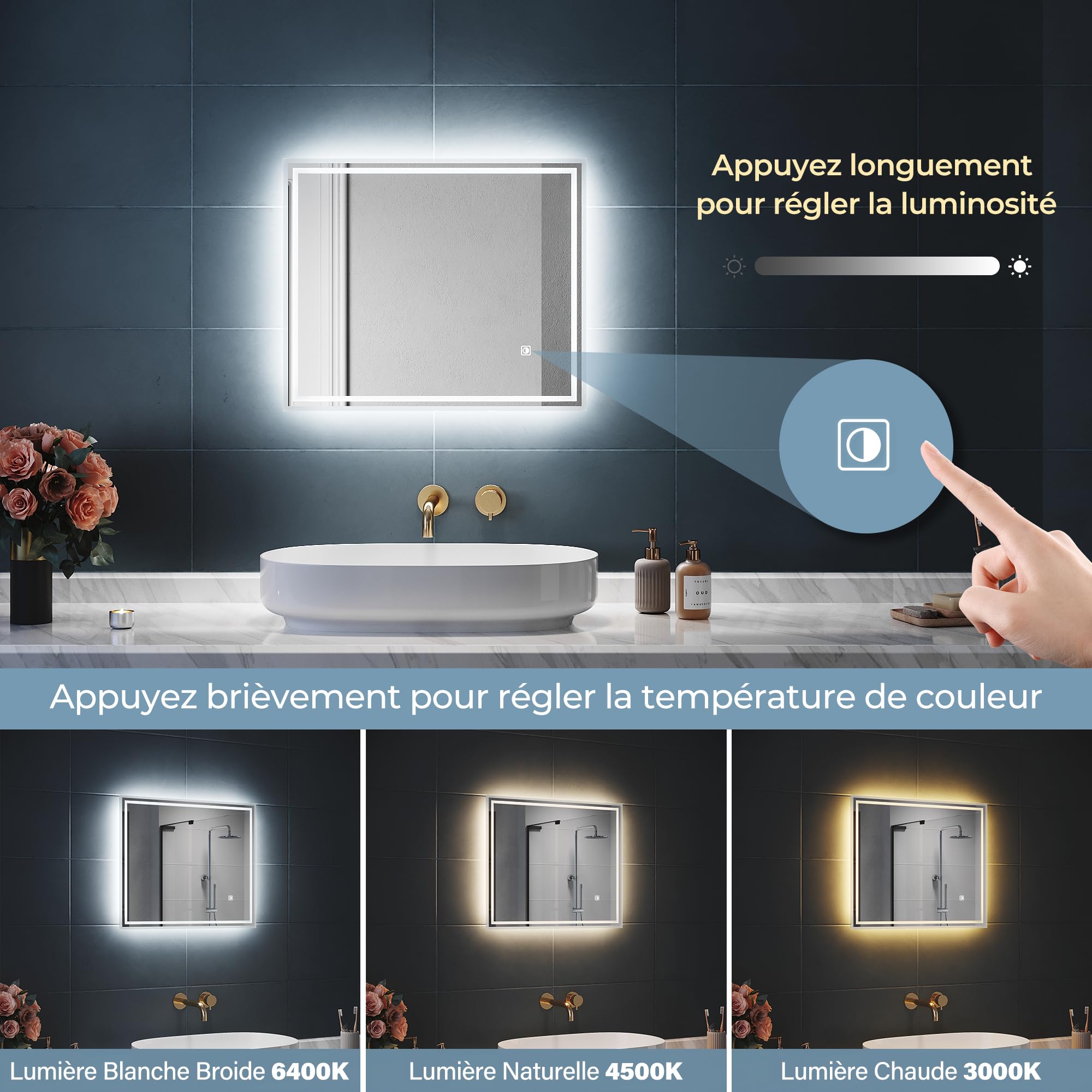 SIRHONA Specchio Parete LED da Bagno, 700 x 500 mm Parete LED Specchio