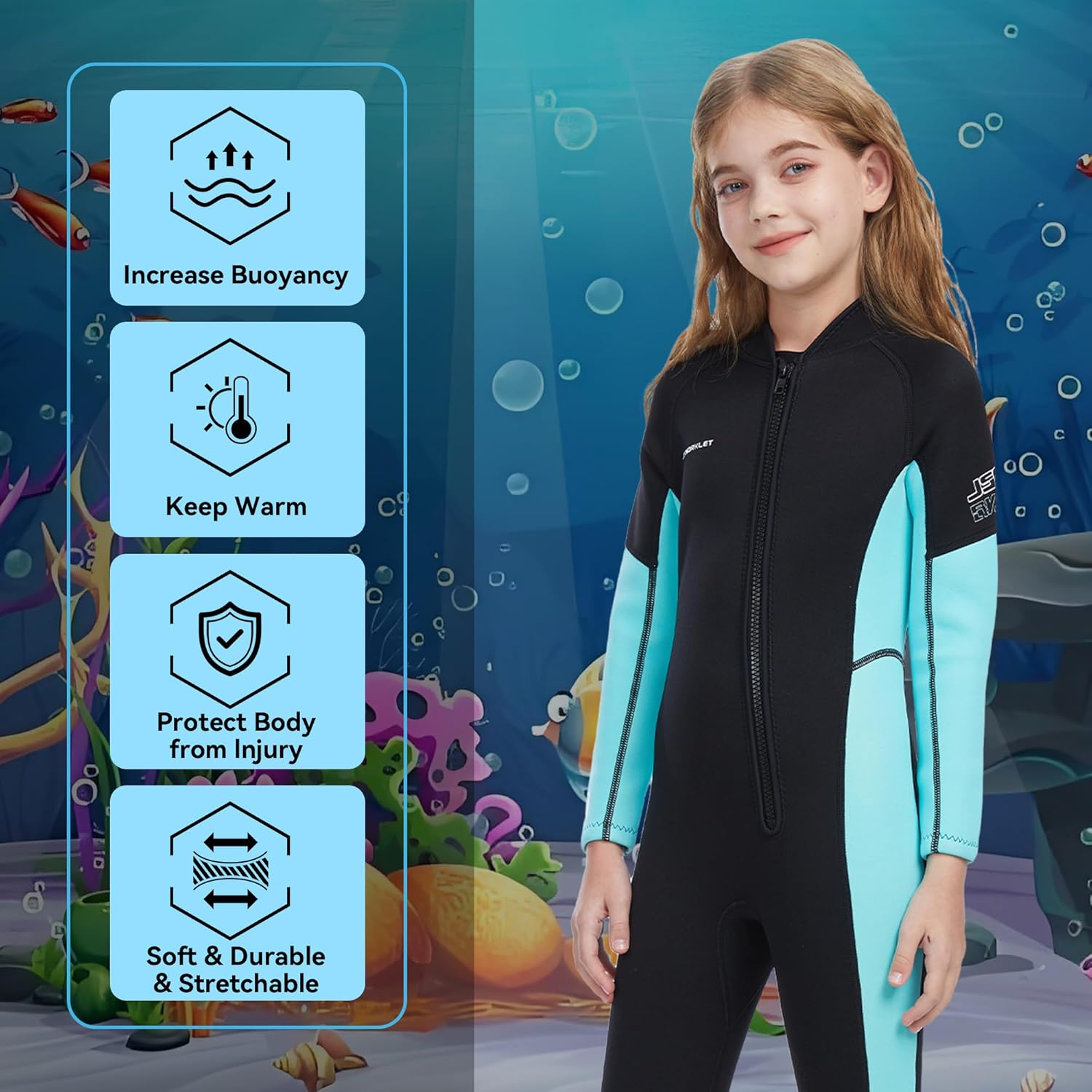 Kids Wetsuit 3mm Neoprene Full Body Wetsuit for Boys Girls, Ideal Thermal Wet Suit in Cold Water, Front Zip for Diving, Snorkeling, Surfing, Kayaking & Swimming