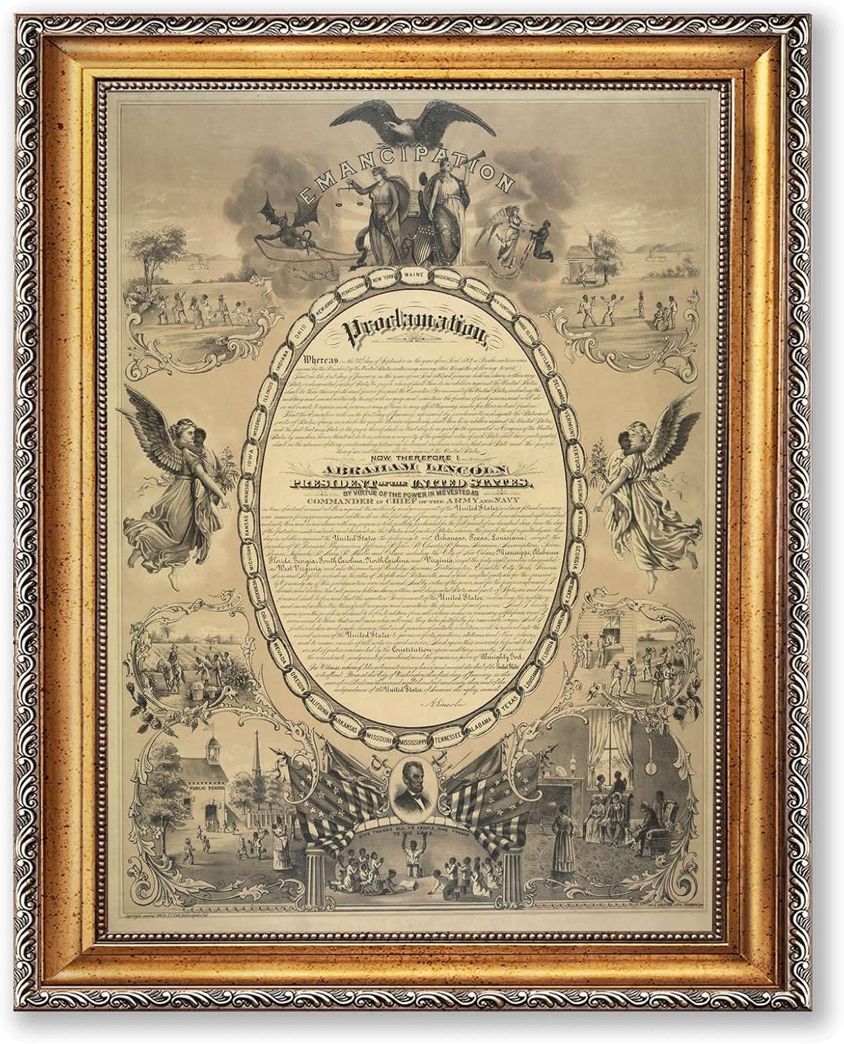 Vintage Framed Emancipation Proclamation Wall Art Canvas Print Oil Paintings Reproduction World Classics Retro Artwork Poster Wall Decor Elegant Home Decoration for Living Room Office (Retro Framed,12L"X16W")