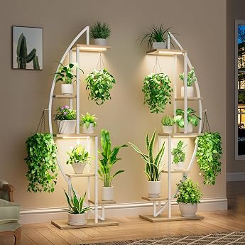 BACEKOLL 6 Levels Flower Stand with Grow Lights - Metal Wood Plant Shelf - 160 cm Indoor Flower Stairs - Decorative Black Flower Shelf for Indoor Windowsill Living Room Pack of 2 White