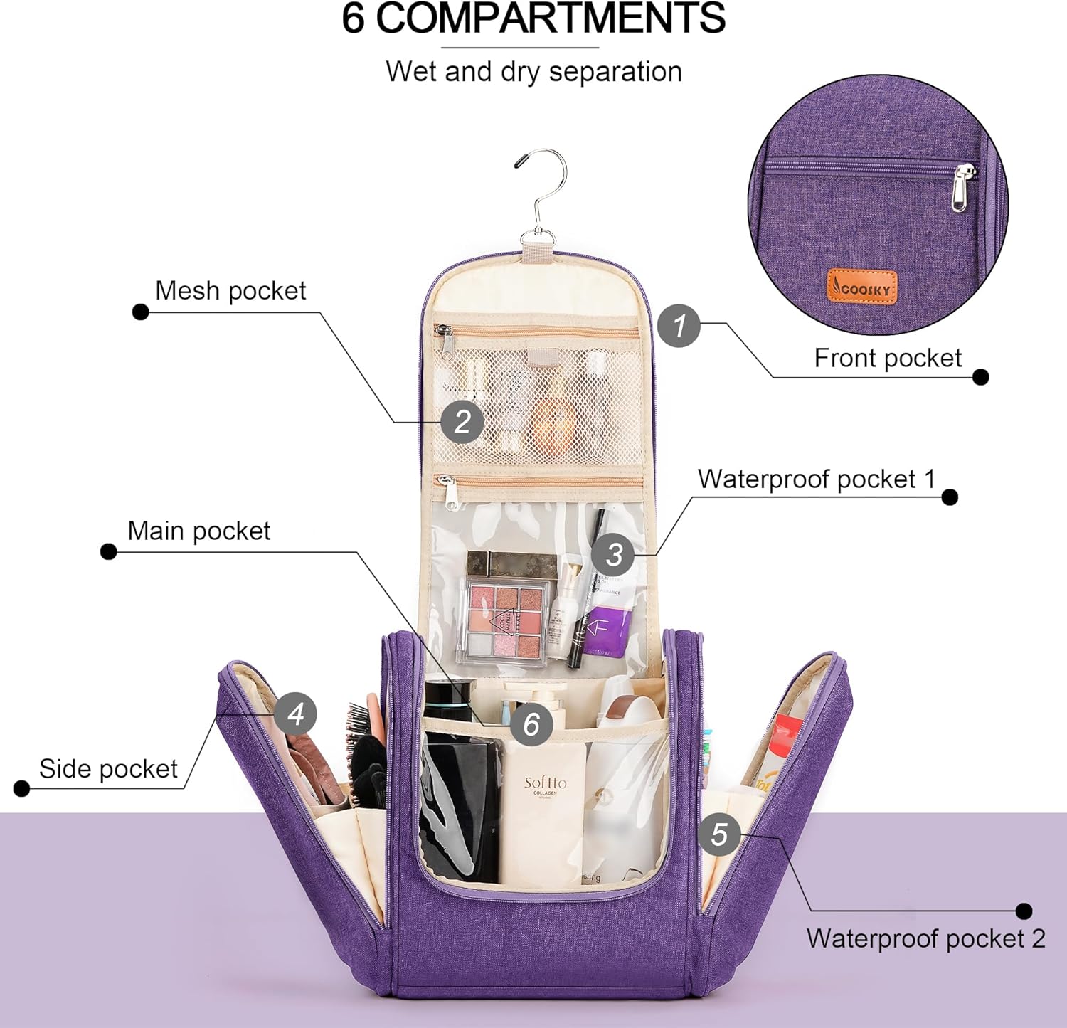 Travel Hanging Toiletry Bag for Women and Men, 6 Organizer Compartments, Holds Full Size Bottles, Extra Large Cosmetic Accessories, Makeup essentials, Bathroom Water-resistant Toiletries Bag, Purple - Image 2