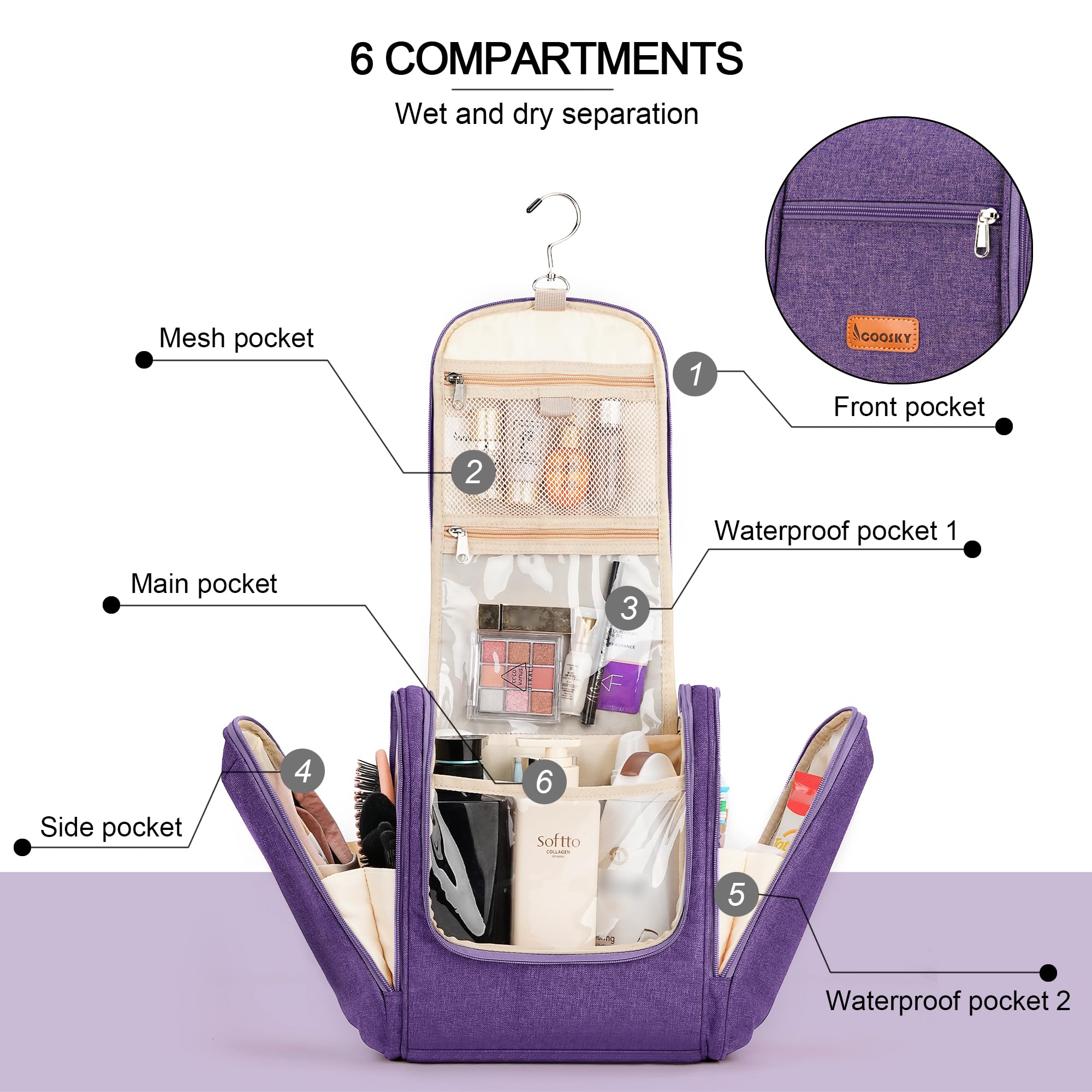 COOSKY Extra große hängende Reise-Kulturbeutel für Damen und Herren, Hygienebeutel, Badezimmer- und Dusch-Organizer-Set mit Gummiband-Haltern für Toilettenartikel, Kosmetik, Make-up, Pinsel, F