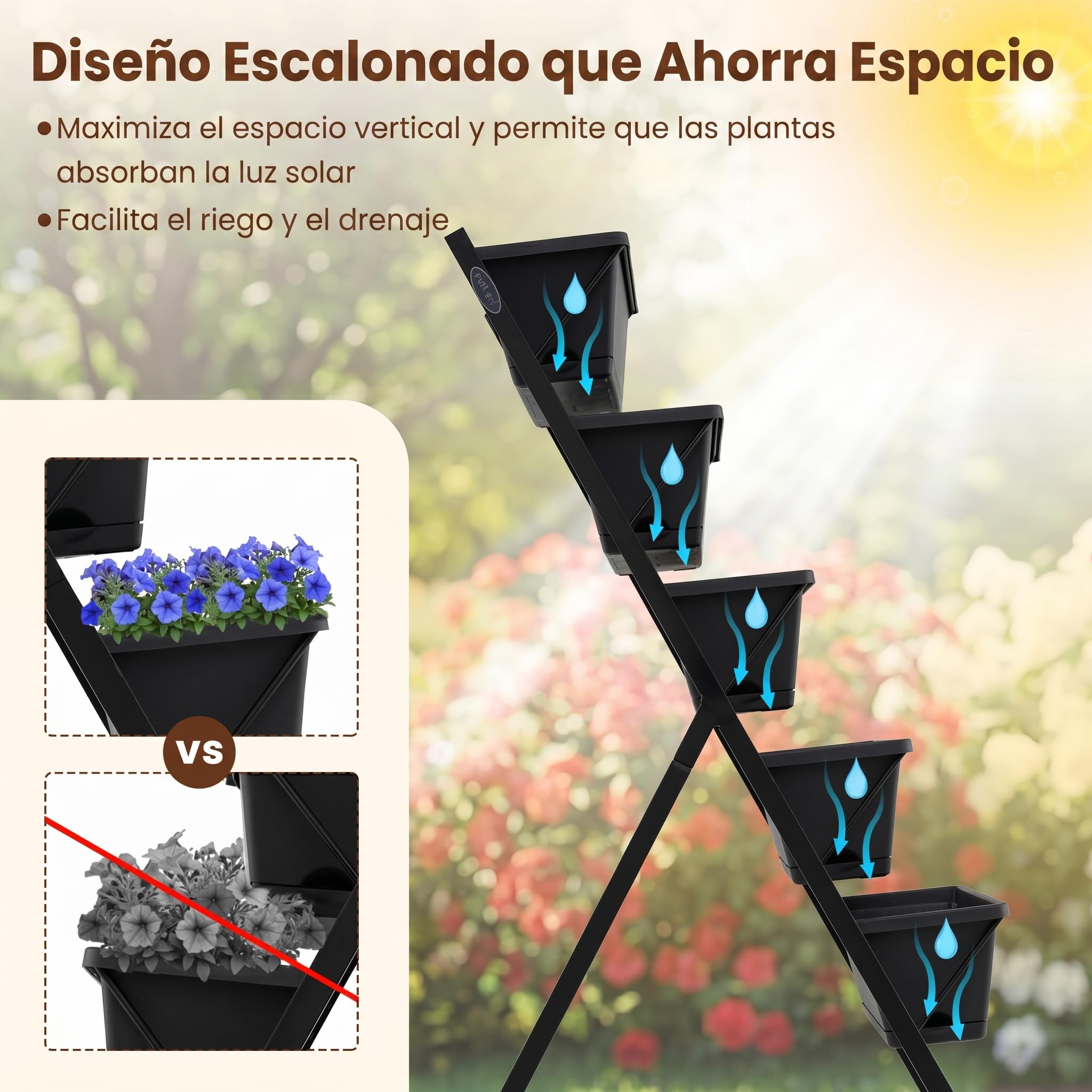 COSTWAY Jardinera Vertical con 5 Macetas, Huerto Urbano Elevado con Ruedas, Estructura de Metal, Orificios de Drenaje, Bandejas Desmotanbles, Jardinera Elevada Exterior, 57 x 68 x 117 cm