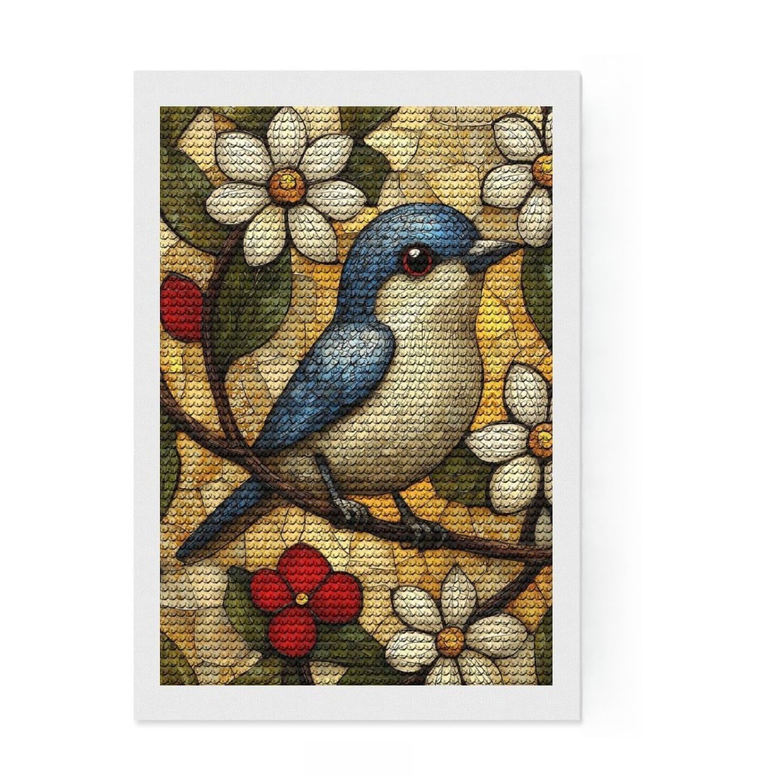 Junmoney Mosaic Bird on Branch Full Drill Diamond Painting Kit 8"x12", Easy to Follow Symbols, Neat Printed Canvas, Creative Leisure Activity