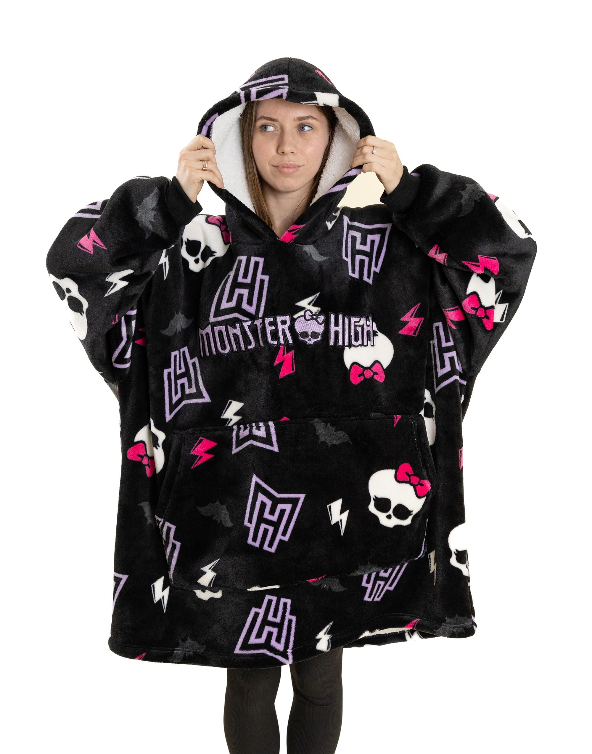 Vanilla Underground Women's Black/Pink/White Monster High Multicoloured Skull & Lighting Bolt Blanket Hoodie (One Size)