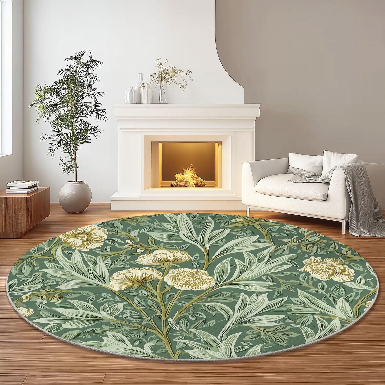 Salbeigrün Rund Teppich Wohnzimmer, William Morris Pflanzen Blumen, 160 cm Großer Weich Kurzflor Teppich Waschbar rutschfest für Esszimmer Küchen Schlafzimmer Studie Heimbüro