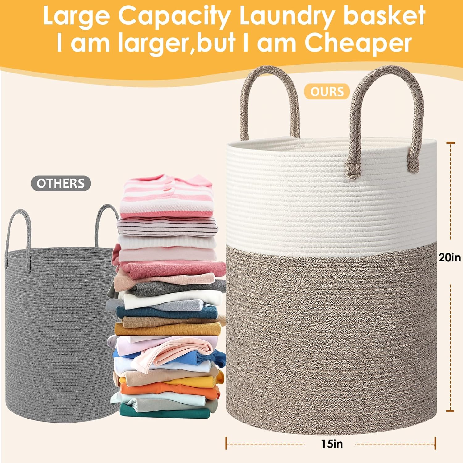 Large Woven Laundry Basket Hamper, 60L Cotton Rope Storage Basket for Blankets in Living Room, Decorative Tall Nursery Hamper for Clothes and Toys, White and Brown - Image 2