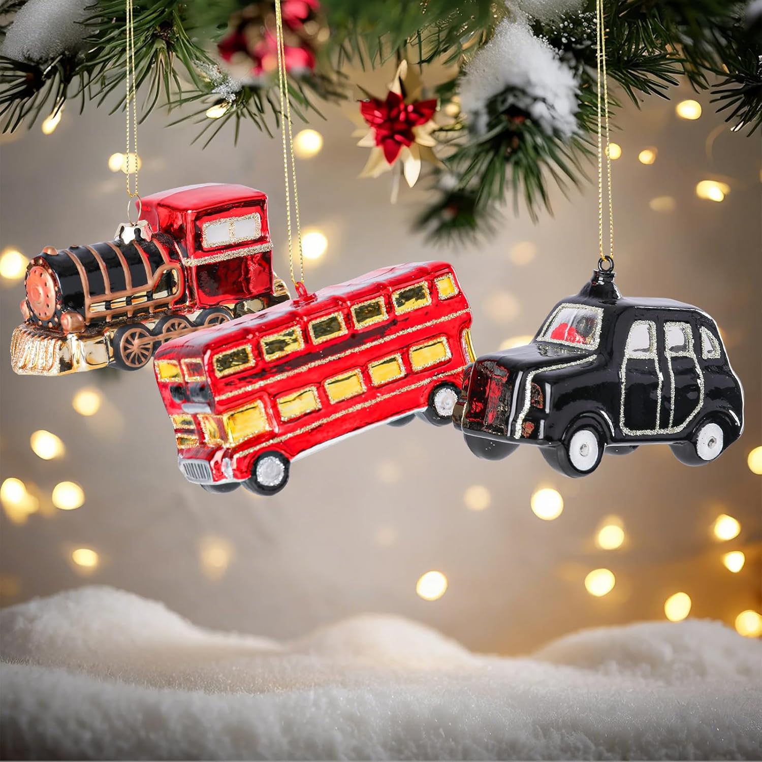 Yinns Glass Blown Ornaments for Christmas Tree, Decorated Glass Doubledecker Bus, British Taxi and Train 3Pcs Hanging Ornaments for Christmas Tree Decoration Yinns Glass Blown Ornaments for Christmas Tree, Decorated Glass Doubledecker Bus, British Taxi and Train 3Pcs Hanging Ornaments for Christmas Tree Decoration