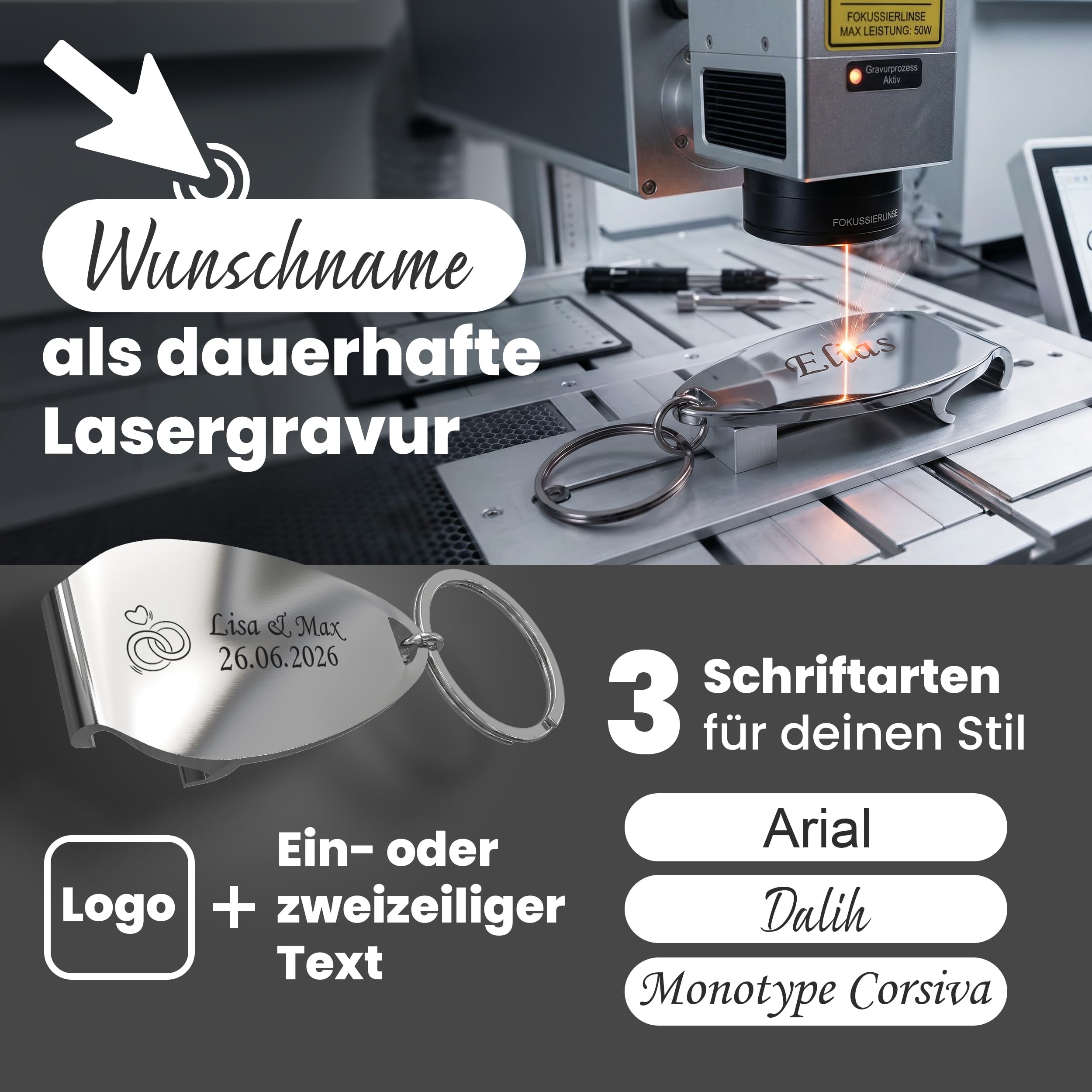 Gravurtastisch Flaschenöffner personalisiert mit Gravur - Bieröffner mit Wunschtext - Geschenk für Papa und Männer - Vatertag Hochzeit Gastgeschenk - Edelstahl (250)