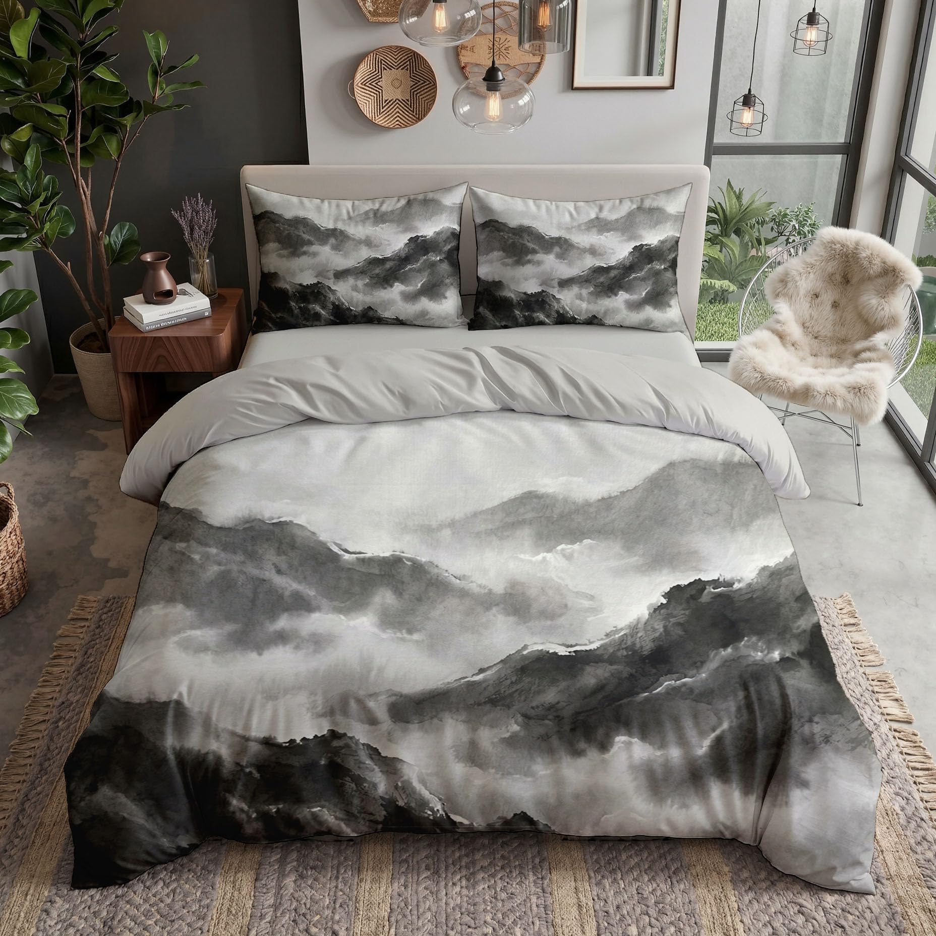 Housse de couette mer nuages montagnes pour chambre double zen et moderne en gris clair