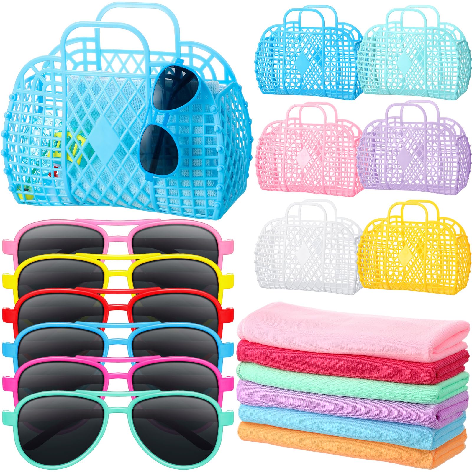 Photo 1 of Yiyiring 24 Pcs Pool Party Favors for Kids Reusable Jelly Bags with Sunglasses Beach Towel Girls Beach Party Favor, Jelly Basket Bags End of School Gifts for Women Girls Kids Summer Birthday Supplies
