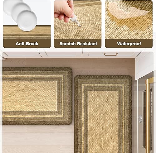 Vista 434 de KIMODE - Juego de 2 tapetes de cocina bohemios, antifatiga, antideslizantes, impermeables, ergonómicos, acolchados, cómodos, para lavandería, Caqui