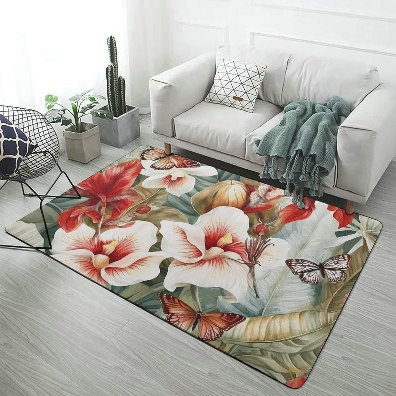 Tapis de sol fleuri 152x102 cm lavable et antidérapant pour salon