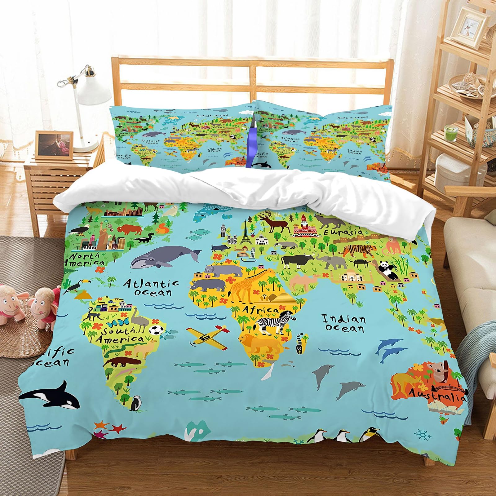 Linge de lit 100% microfibres housse couette carte Amérique du Nord animaux