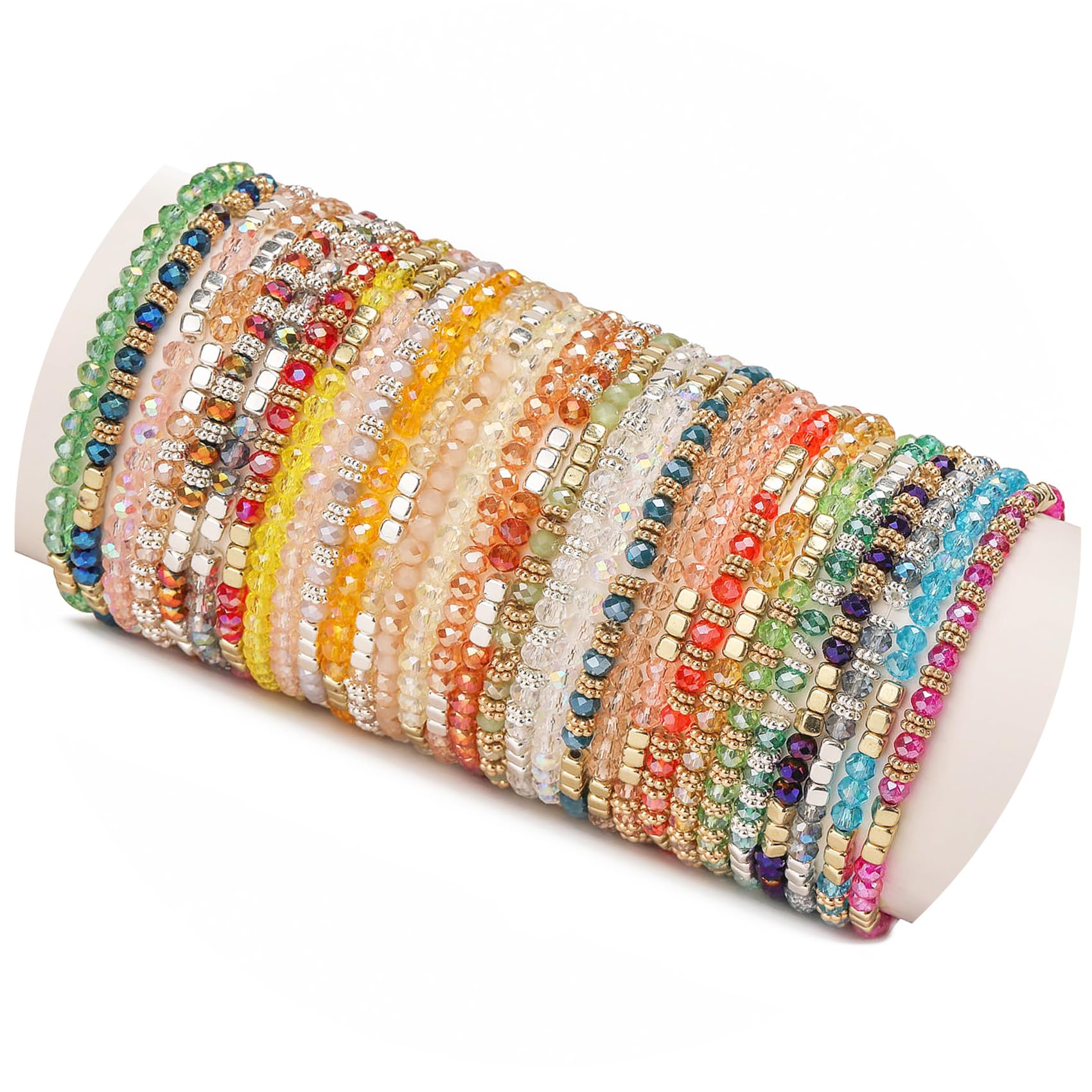 Amejew 30Pcs Boho Beaded Bracelets for Women Colorful Stackable Sparkly Crystal Beads Bracelets Multi-Layer Versatile Statement Bracelets Stretch Cuff