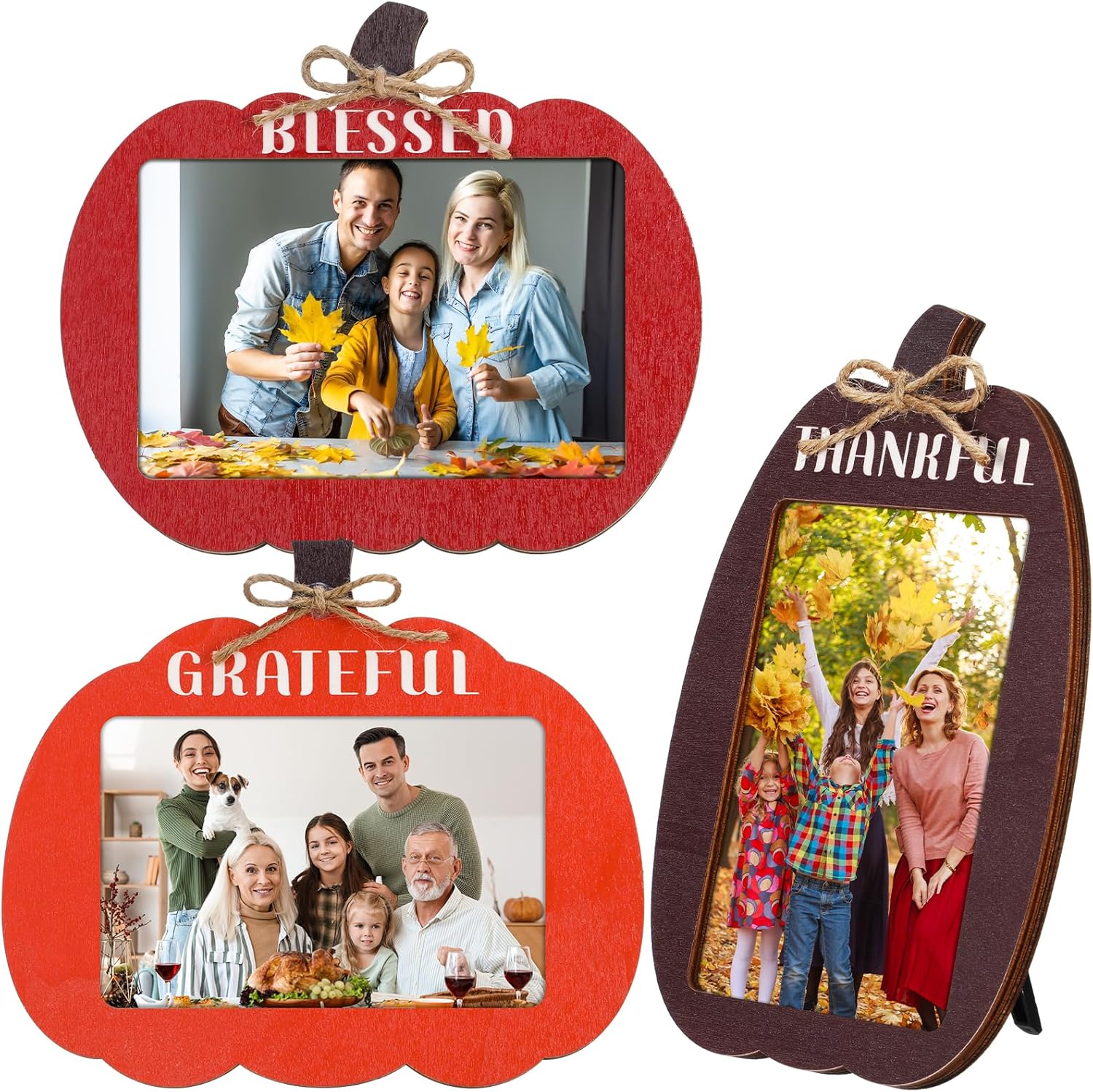 3 Pcs Thanksgiving Picture Frame 4 x 6 Inch Wooden Pumpkin Photo Frame Grateful Thankful Blessed Decoration for Gift Fall Autumn Wall & Tabletop Display DIY Home 2026