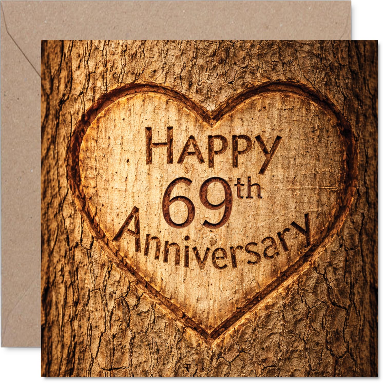 Heartfelt 69th Anniversary Card - Rustic Charm for a Special Milestone - Carved Heart Wood Motif with Warm Brown Tones - 145mm Square, Envelope Included