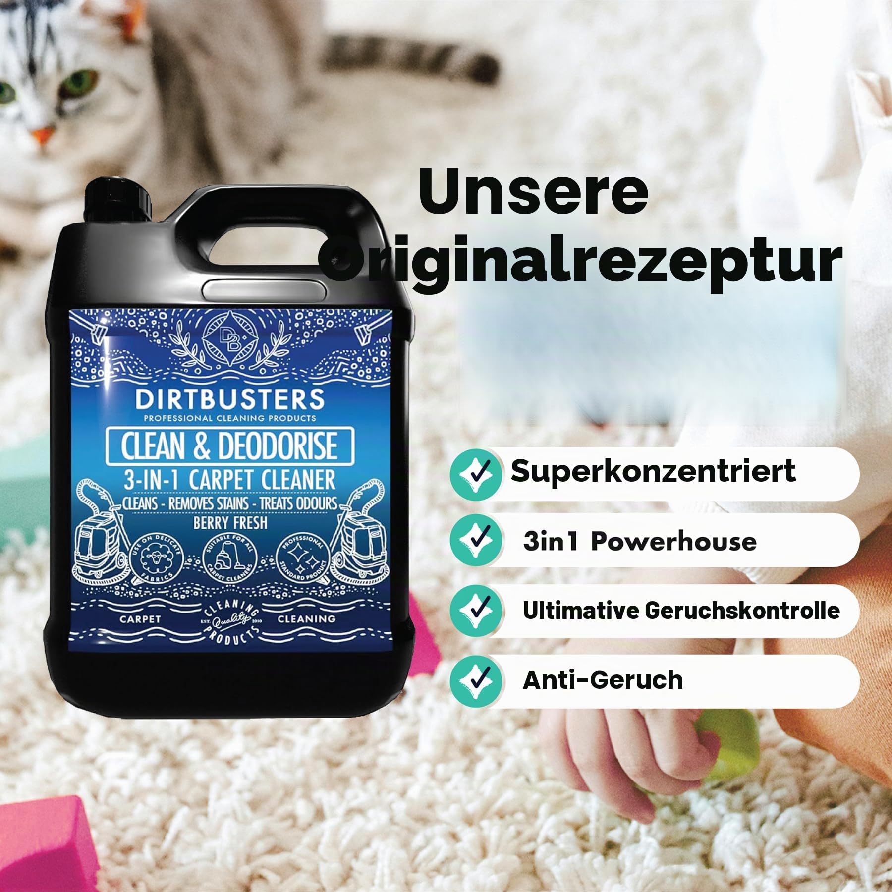 Dirtbusters 3 in1Teppichreiniger & Polsterreiniger Konzentrat für alle Teppichböden und Polster, reinigt & desodoriert - Teppichshampoo Geeignet für alle Waschsauger, Beerenfrisch 5 Liter
