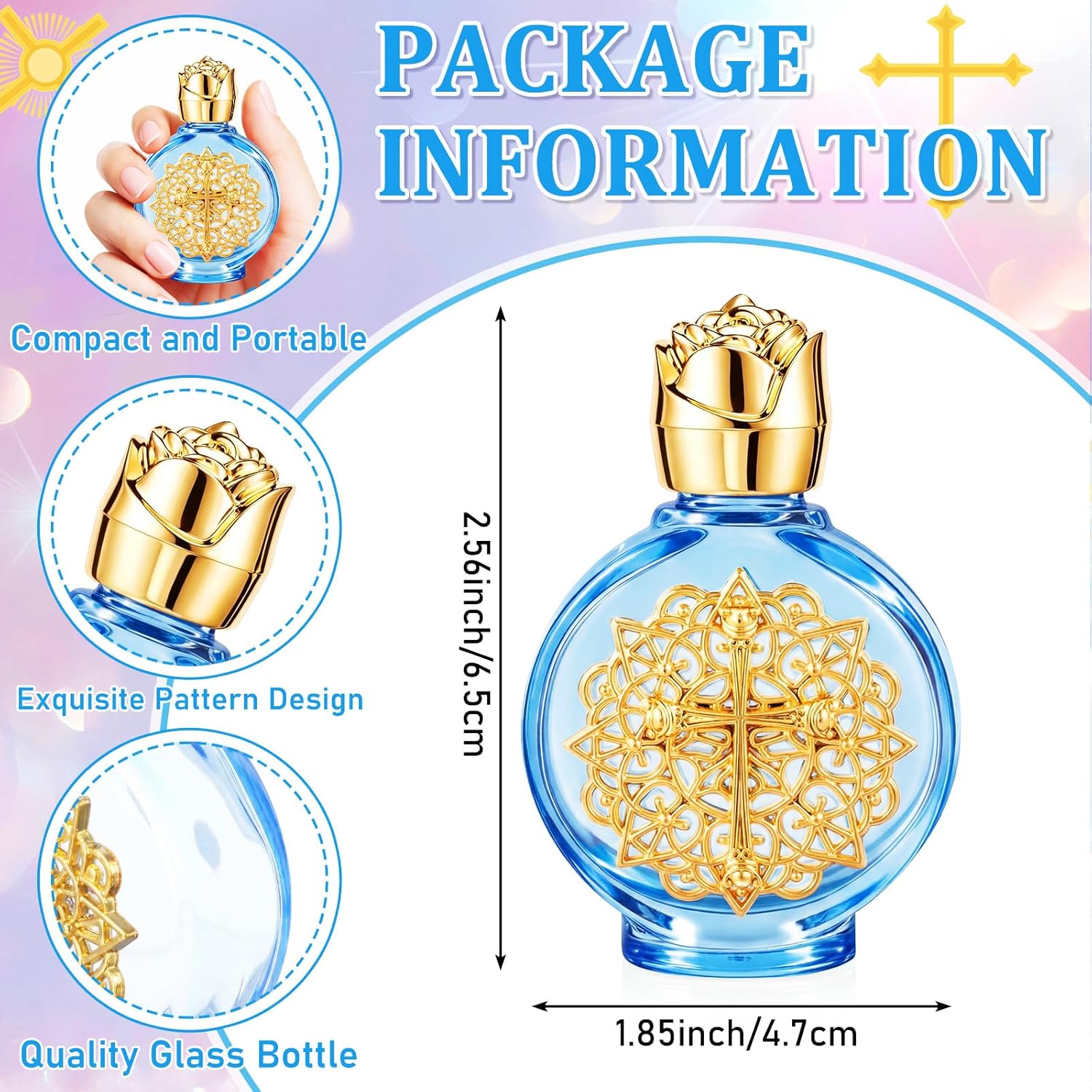 Yungyan 24 Pcs Holy Water Bottles Bulk 15ml Small Glass Holy Water Empty Containers Reusable with Golden Cross Emblem for Catholic Christian Church Wedding Baptism First Communion Gifts (Blue Gold)