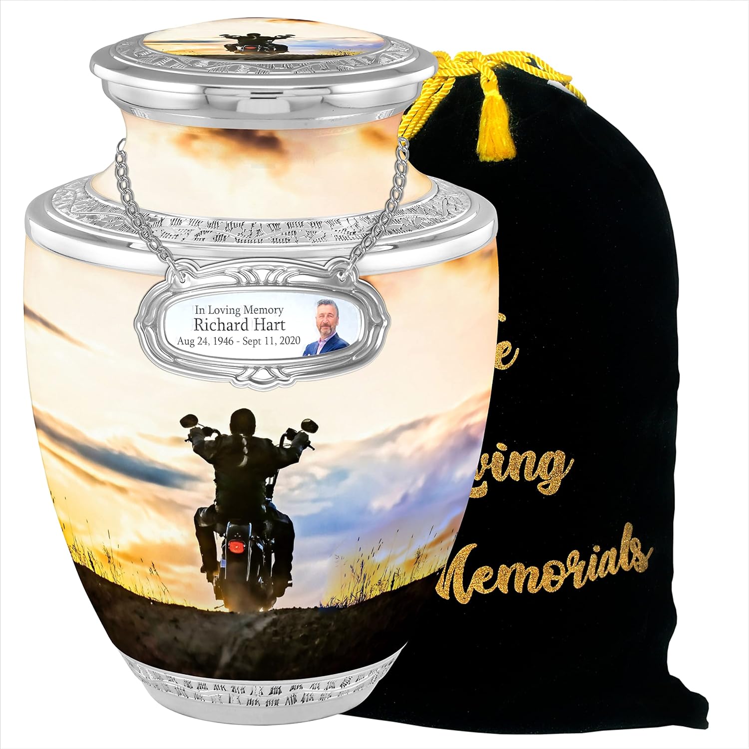 Biker Cremation Urns for Adult Ashes Male Female - Handcrafted Funeral Decorative Urns for Ashes Adult Male with Velvet Bag (Escapade Rider Free Personalized Medallion)