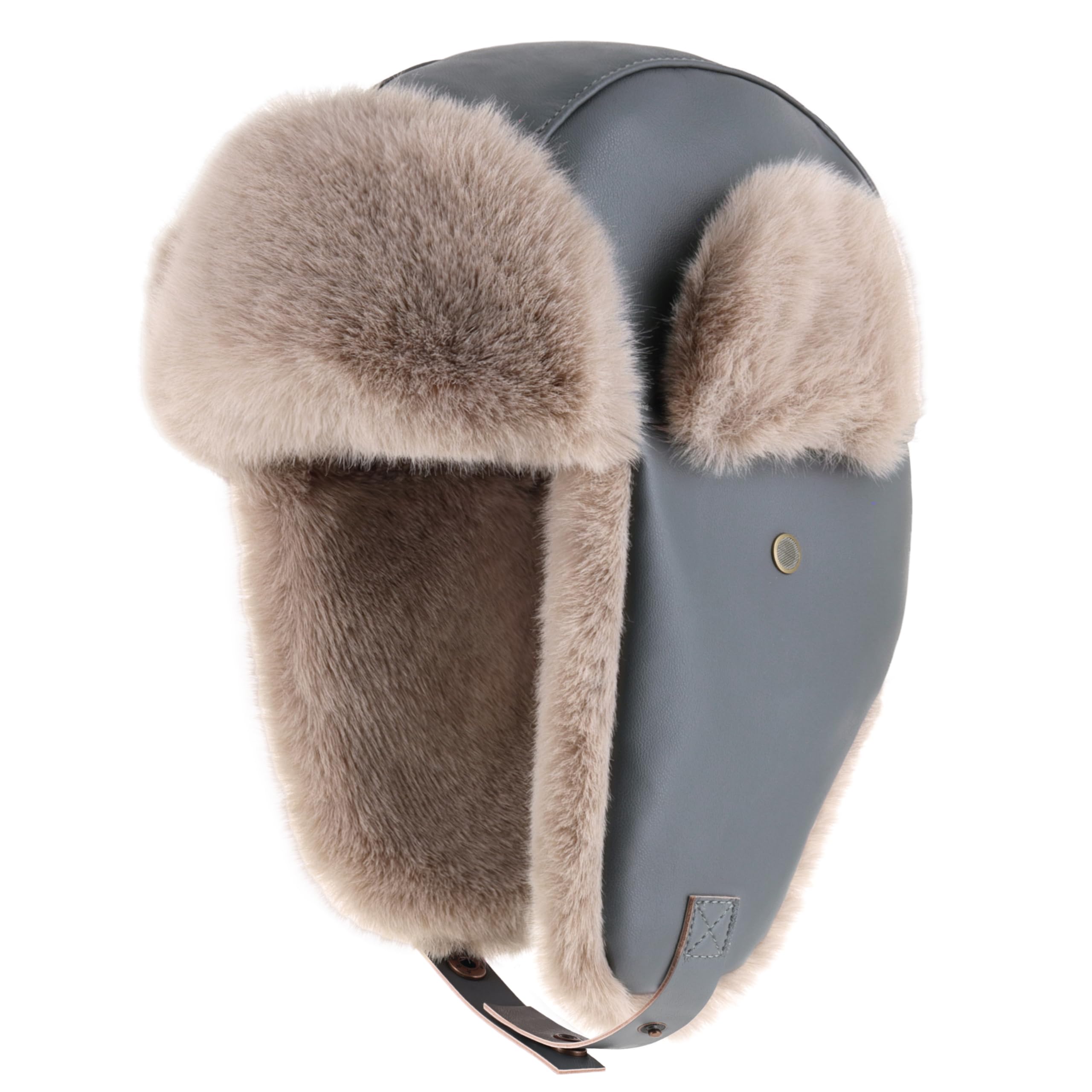 PU Leather Trapper Hat with Faux Fur Lining Warm Aviator Hat - Durable Stylish Winter Headwear for Skiing Hunting Snowboarding (Light Grey)