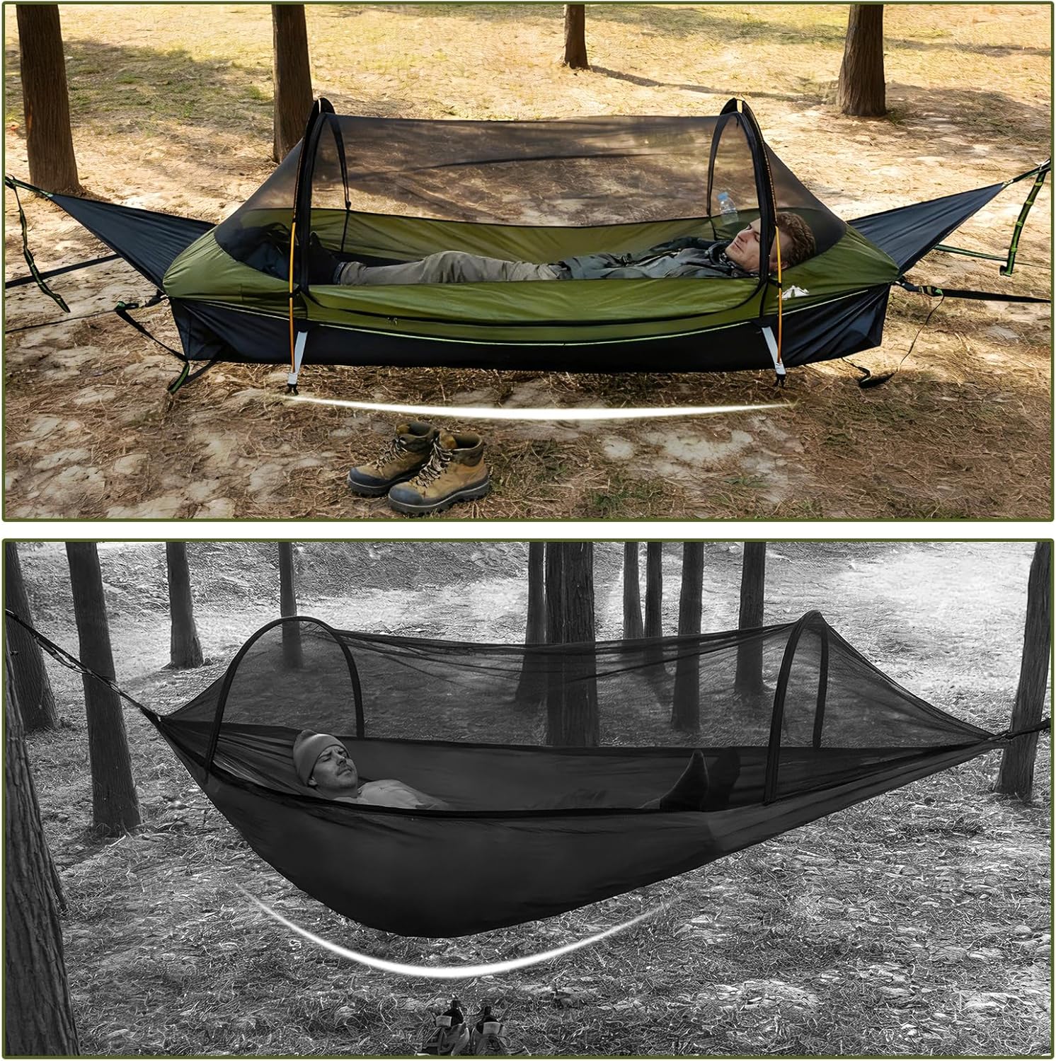 Night Cat Flat Lay Hammock Tent with Mosquito Net Waterproof Rainfly for 1 Person Backpacking Hiking Camping Lightweight 330LBS 87x28x19in