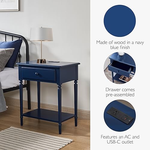Miniatura 6 de Leick Home Mesita de noche costera, madera maciza, con carga USB-C, 1 cajón y 1 estante, azul marino, 20022-NV marino,roble medio/ennegrecido,Negro