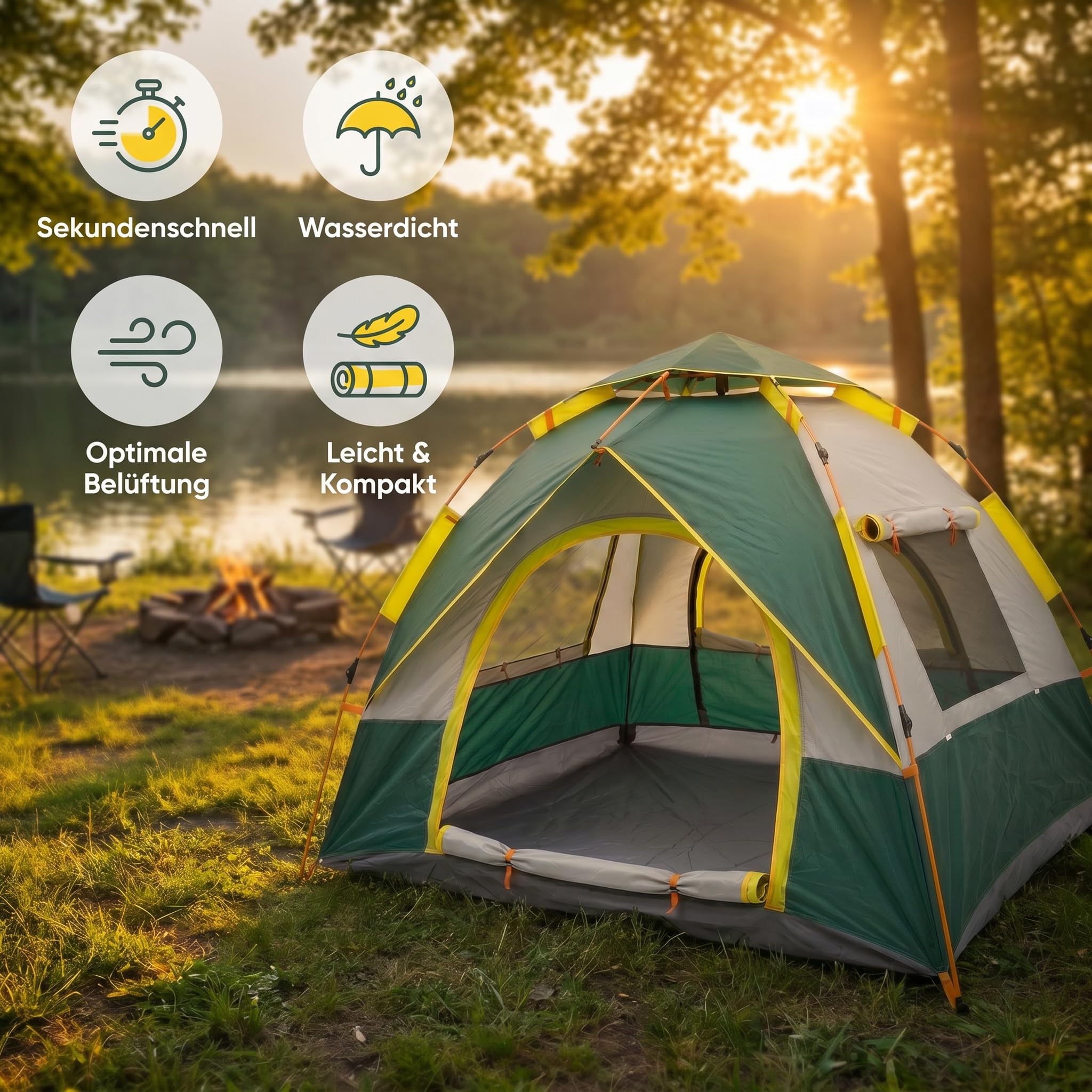 EVOCAMP Wurfzelt 2-3 Personen, Automatisches Pop-Up Zelt mit Schnellaufbau, wasserabweisend, UV-Schutz & Moskitonetz – Geräumiges Campingzelt für Festival & Park, 210x200x150 cm, 2,76 kg