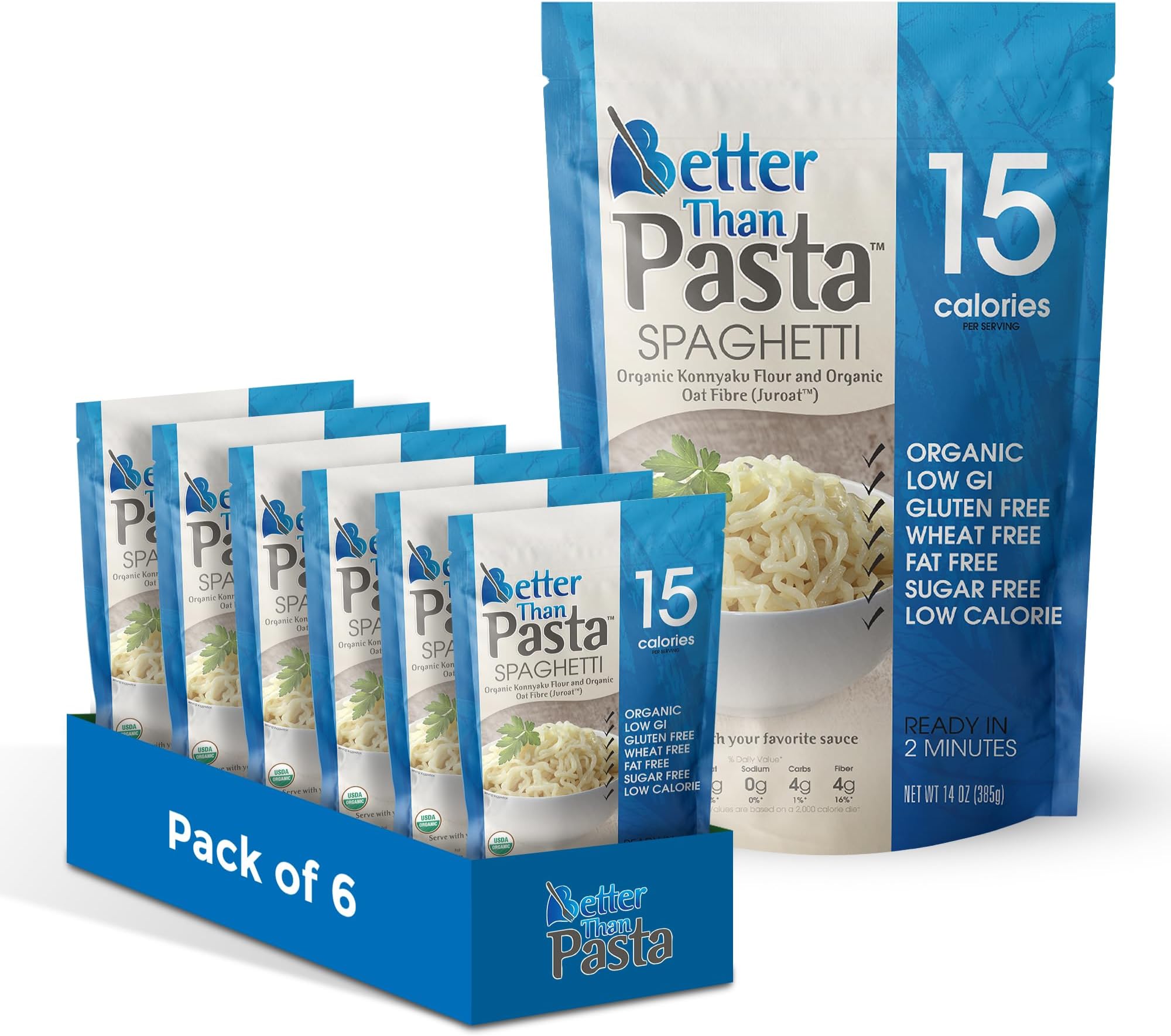 Better Than Pasta Organic Shirataki Spaghetti – USDA Organic, Zero Net Carbs, Keto & Diabetic Friendly, Gluten-Free, Low-Calorie, Plant-Based, Non-GMO, No Odor, Ready-to-Eat Konjac Noodles – 14oz (Pack of 6)