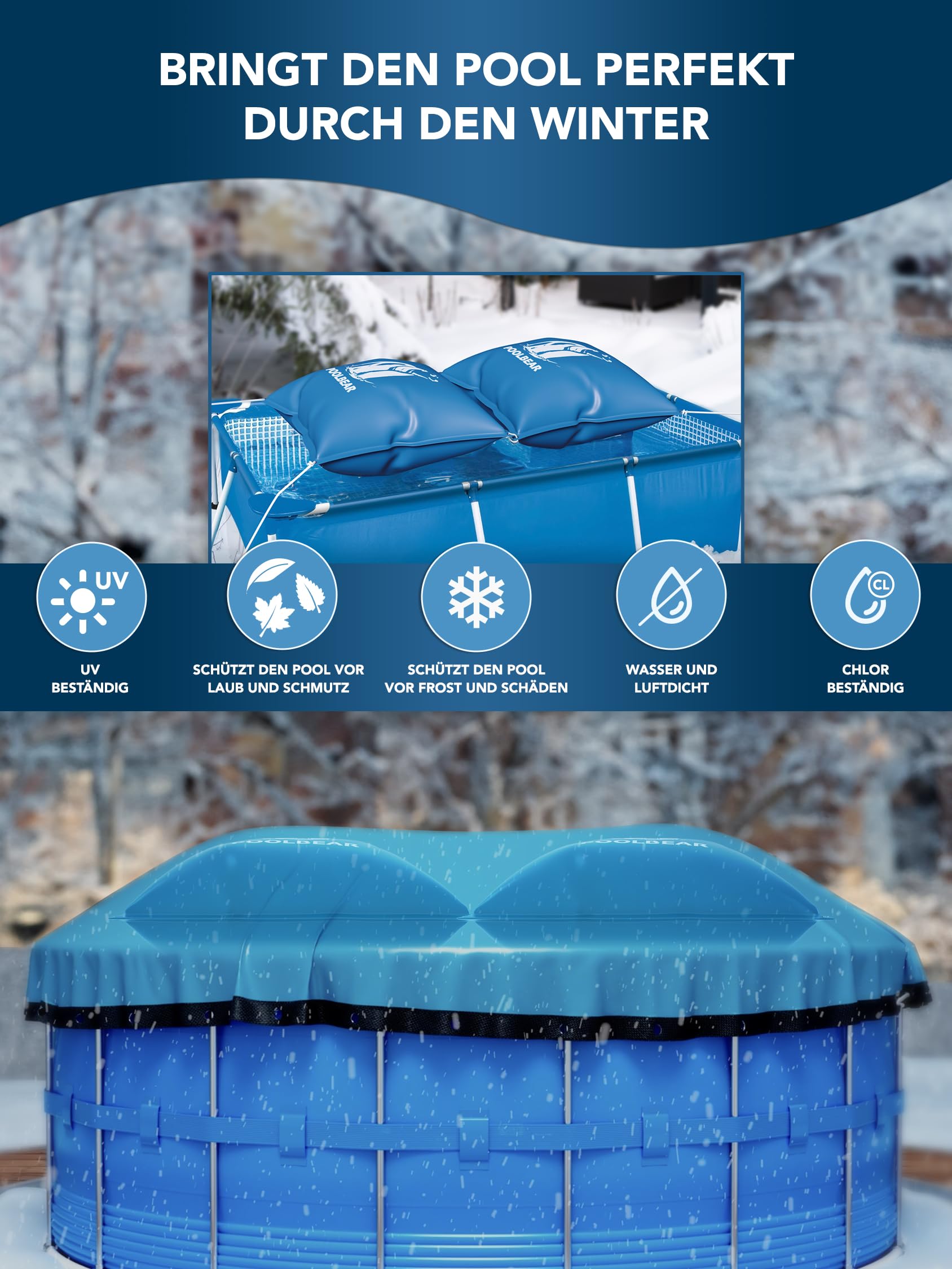 PoolBear | 2X Poolkissen Winter 120x120cm Winterkissen XXL I Pool-Luftkissen mit Doppelnaht inkl Reparaturset I Überwinterung-Frostschutz-Kissen Poolpolster