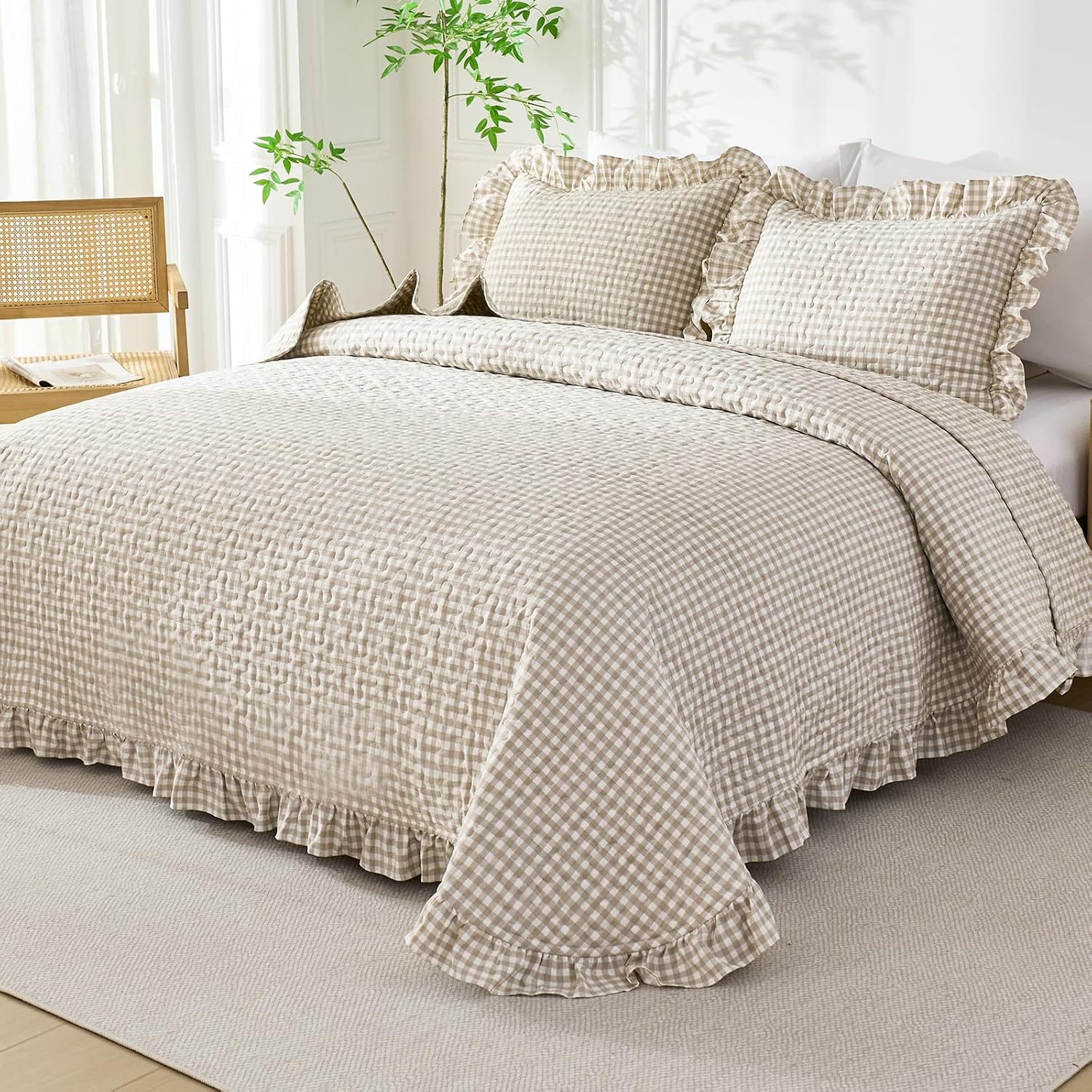 WINLIFE Tan Gingham King Quilt Set Brown Ruffle Plaid Bedspread, 106''x94''